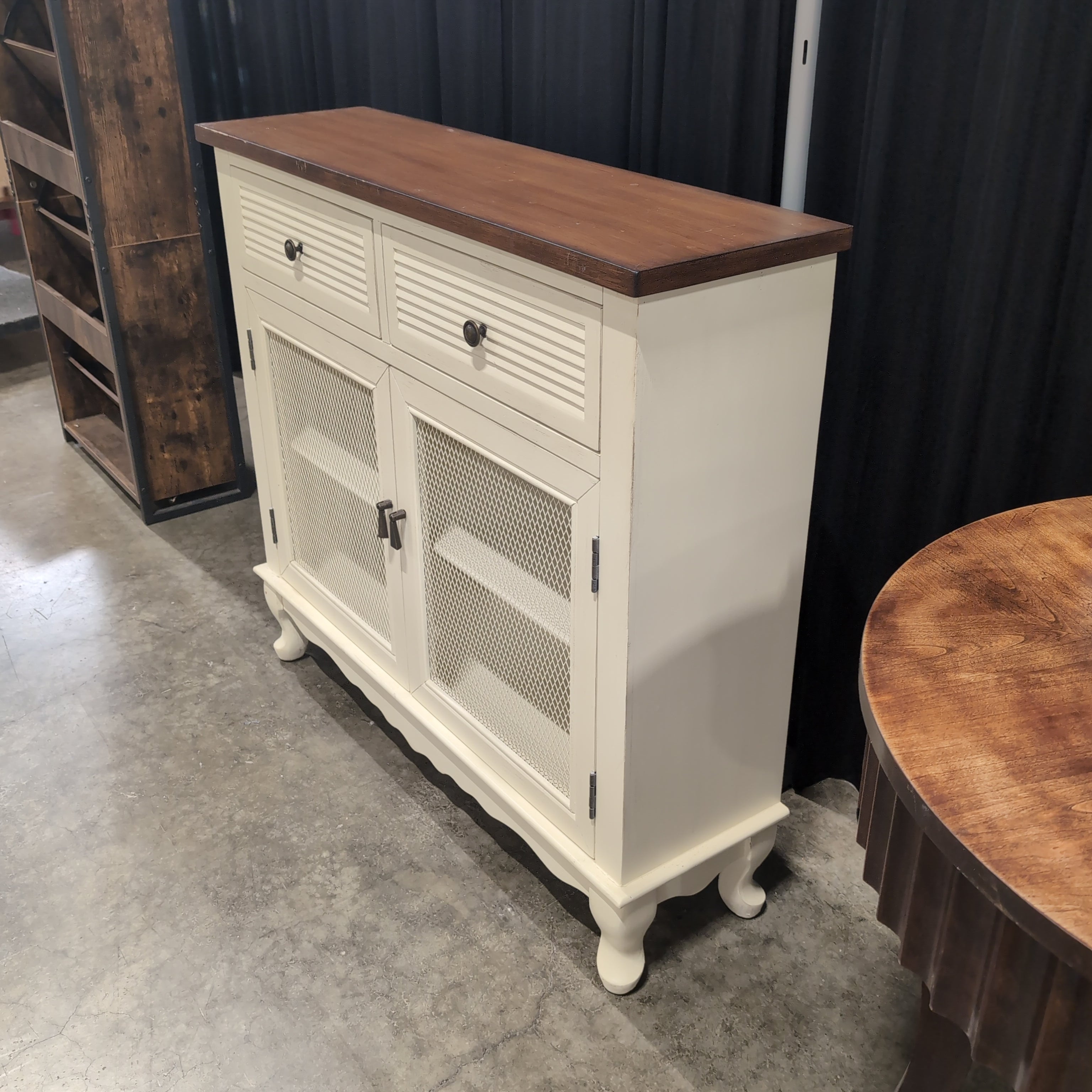 Two-Tone Cream and Brown Wood Buffet with Mesh Doors