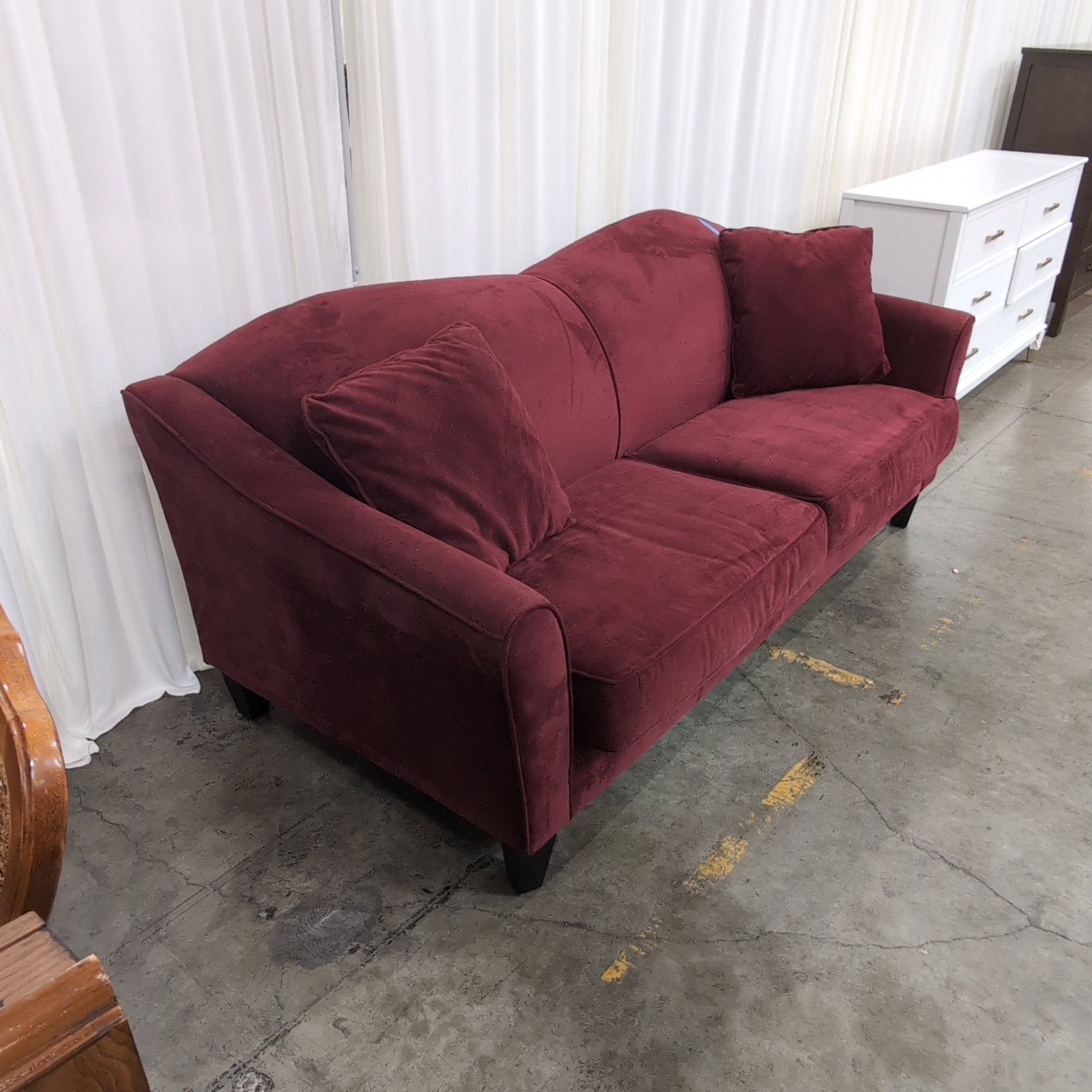 Deep Red Velvet Three-Cushion Couch