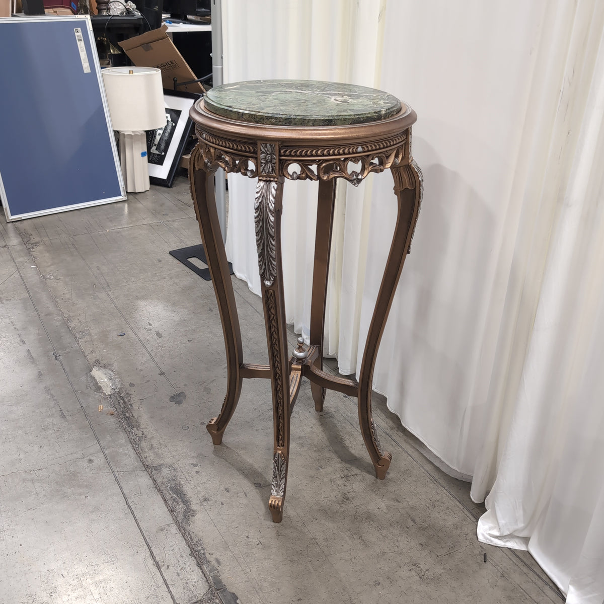 Ornate Bronze and Silver Accent End Table with Green Marble Top