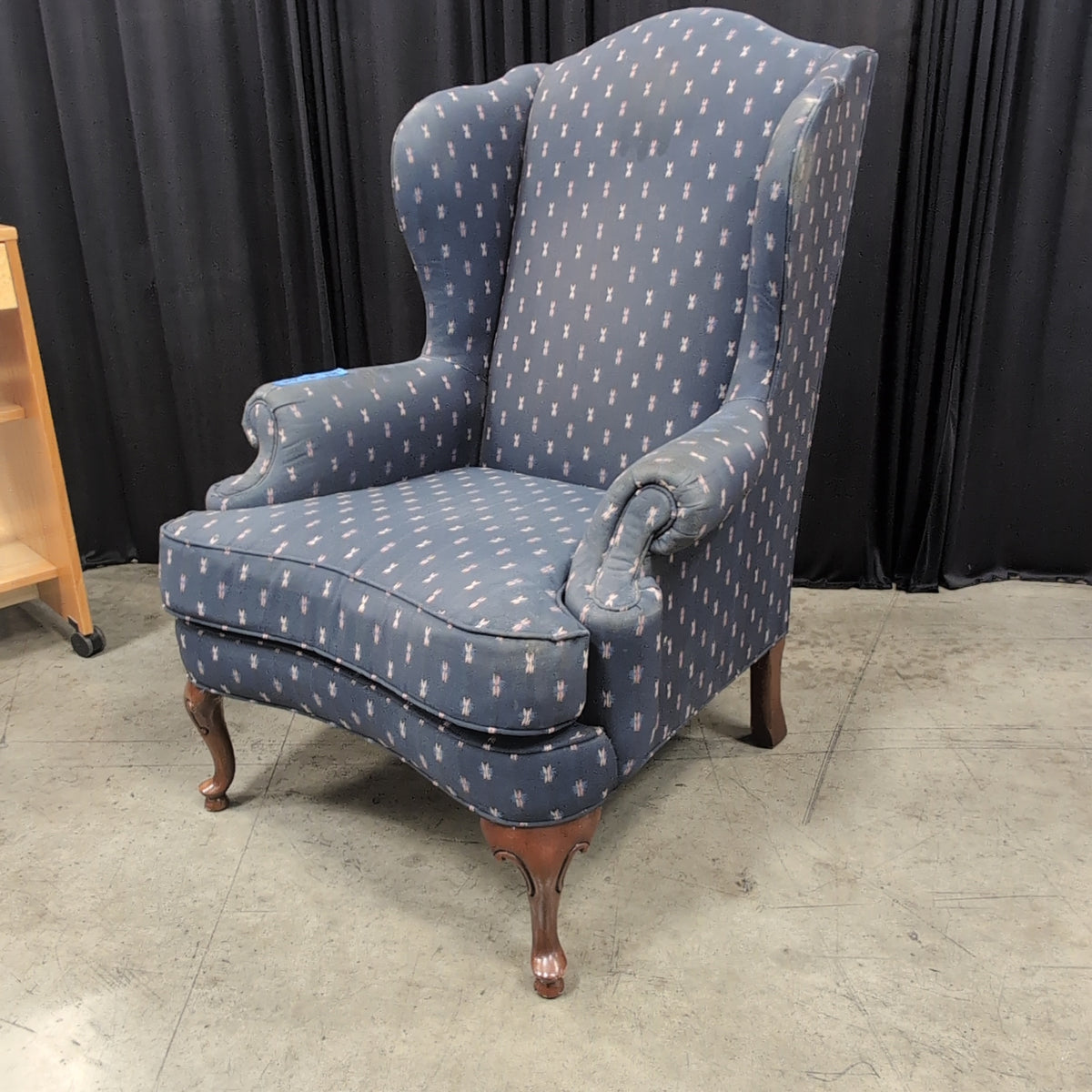 Blue Patterned Wingback Chair with Cabriole Legs