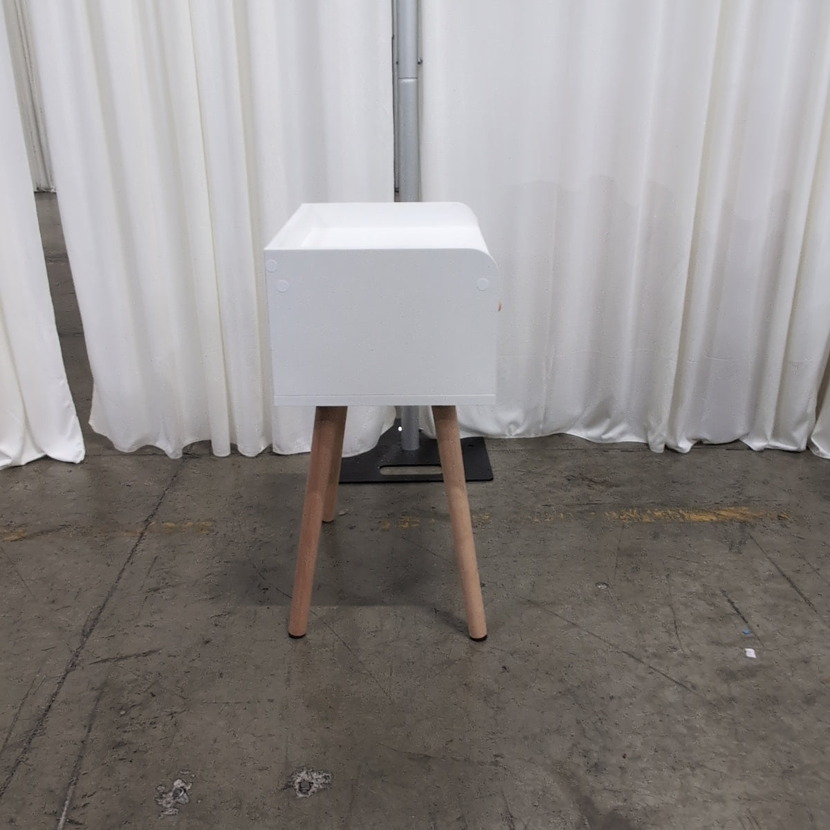 White Mid-Century Modern Nightstand with Fabric Drawer