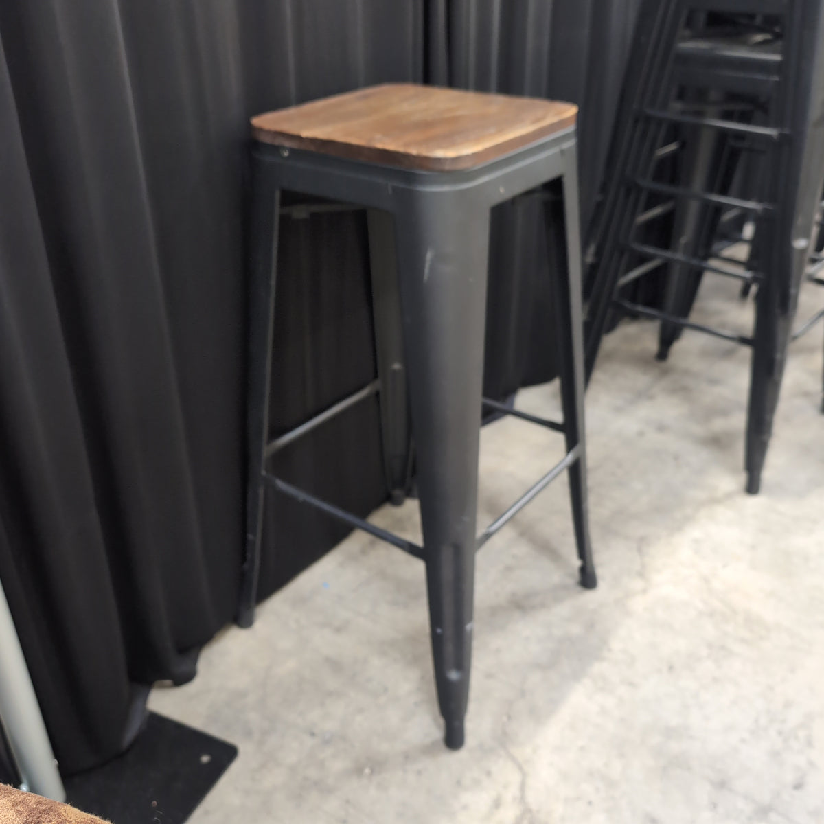 Industrial Dark Gray Metal Stool with Wood Top