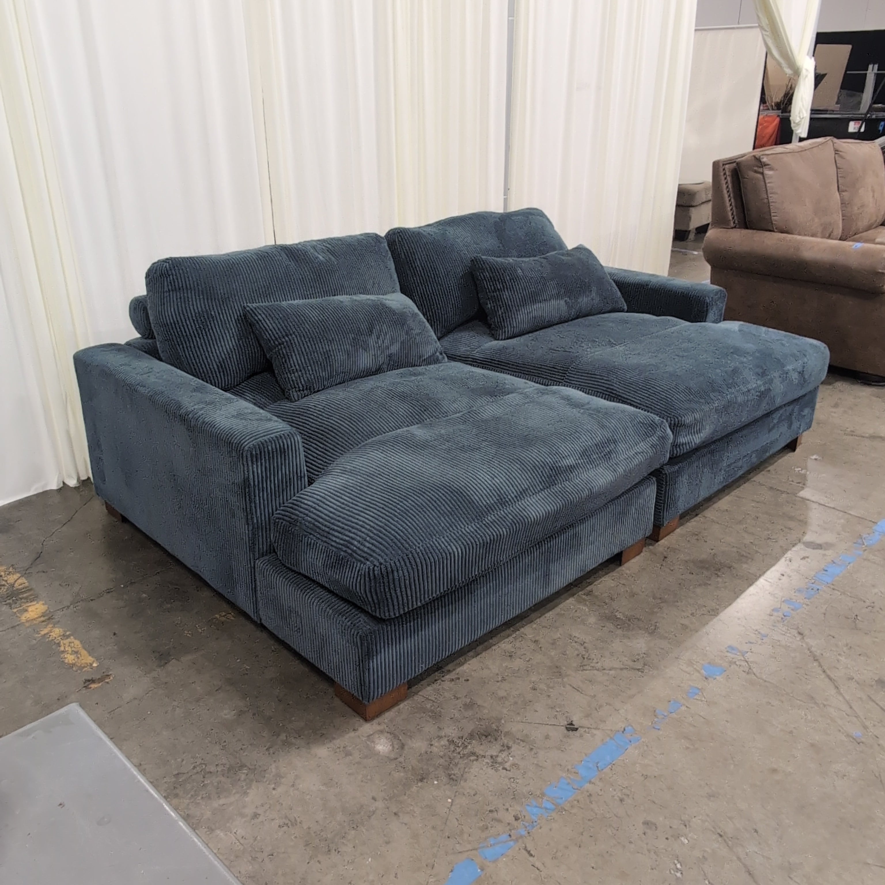 Deep Blue Corduroy L-Shaped Sectional Couch