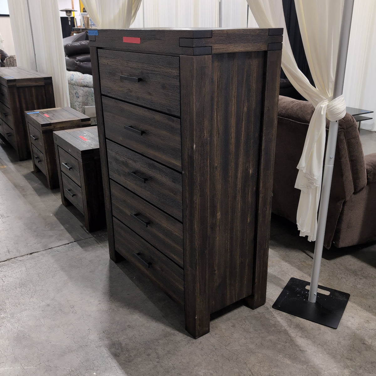 Rustic Dark Wood Five-Drawer Dresser with Black Pulls