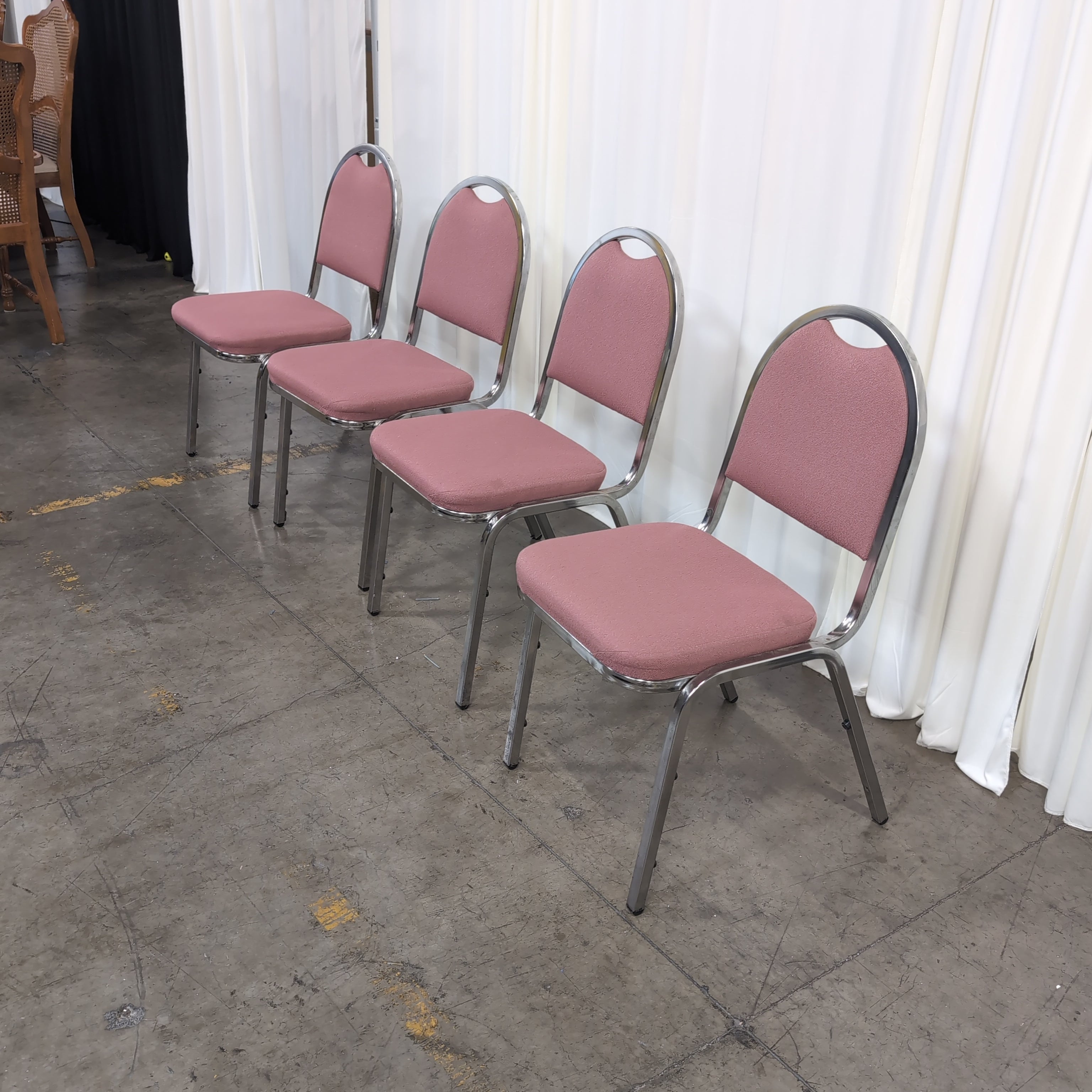 Set of Four Pink Upholstered Stacking Chair with Chrome Frame