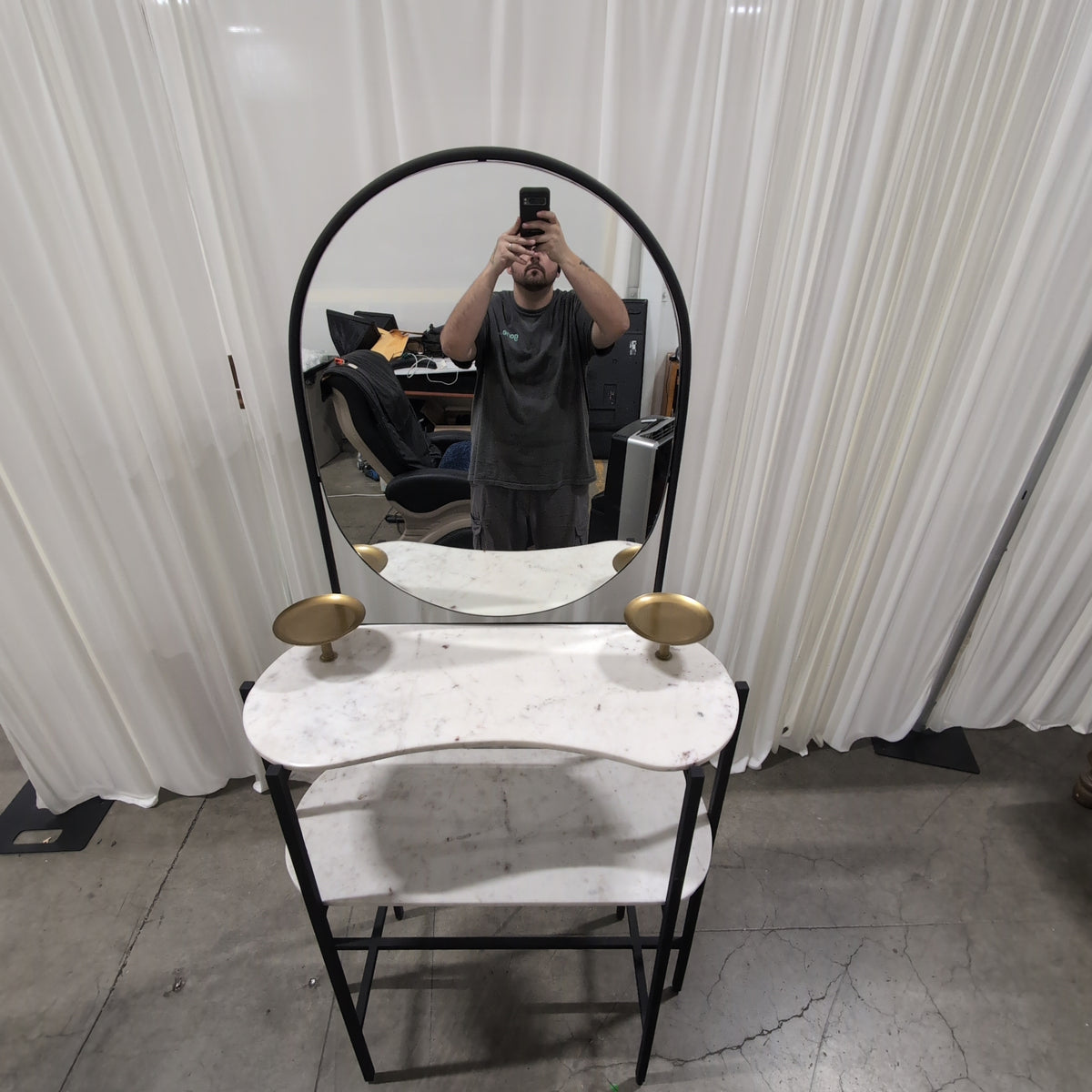Black Metal and Marble Console Table with Oval Mirror