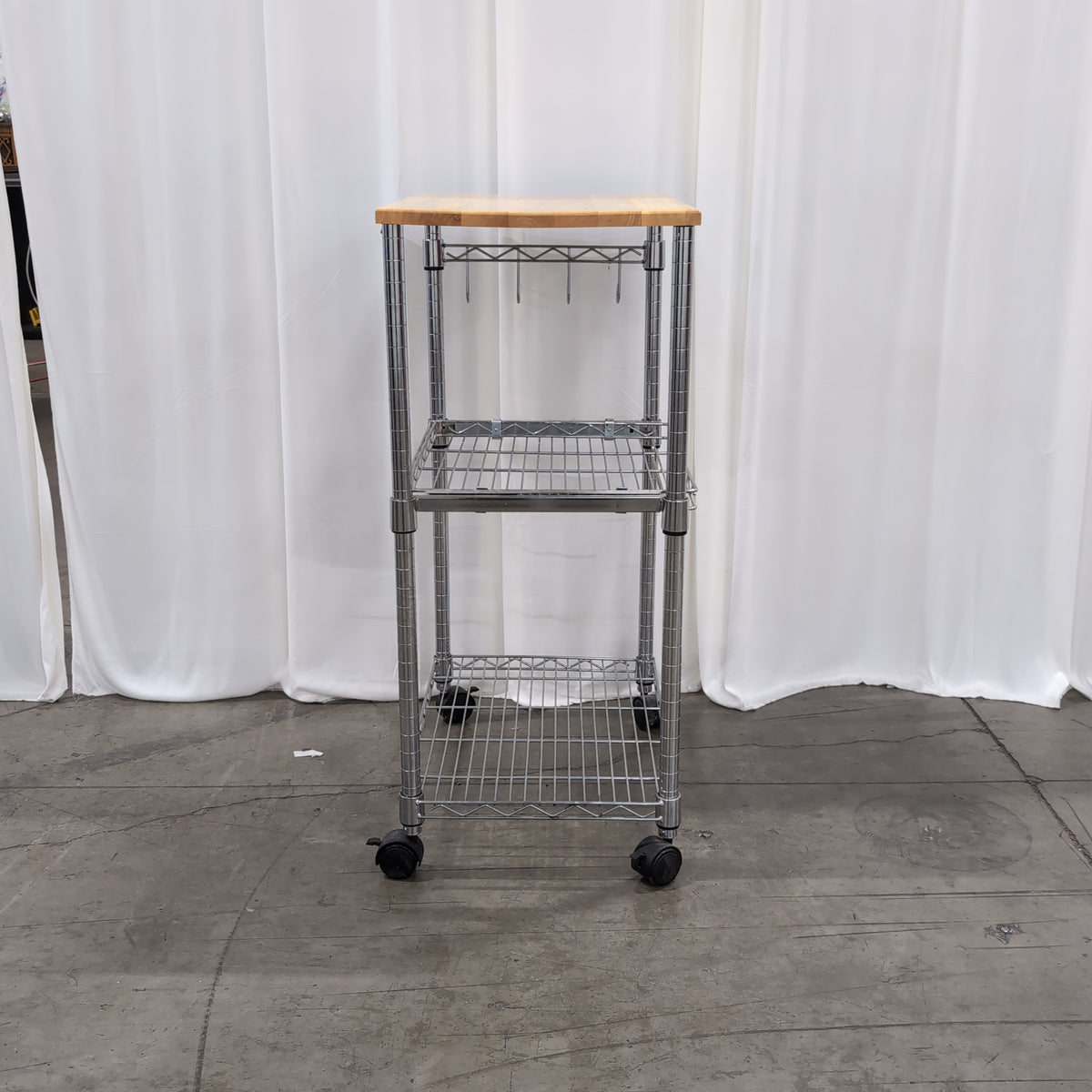 Silver Chrome Rolling Three-Tier Cart with Wood Top
