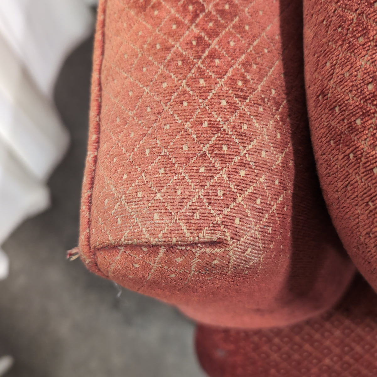 Deep Red Upholstered Three-Seat Couch