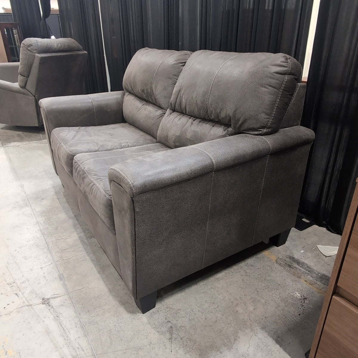 Dark Grey Distressed Faux Leather Loveseat with Contrast Stitching