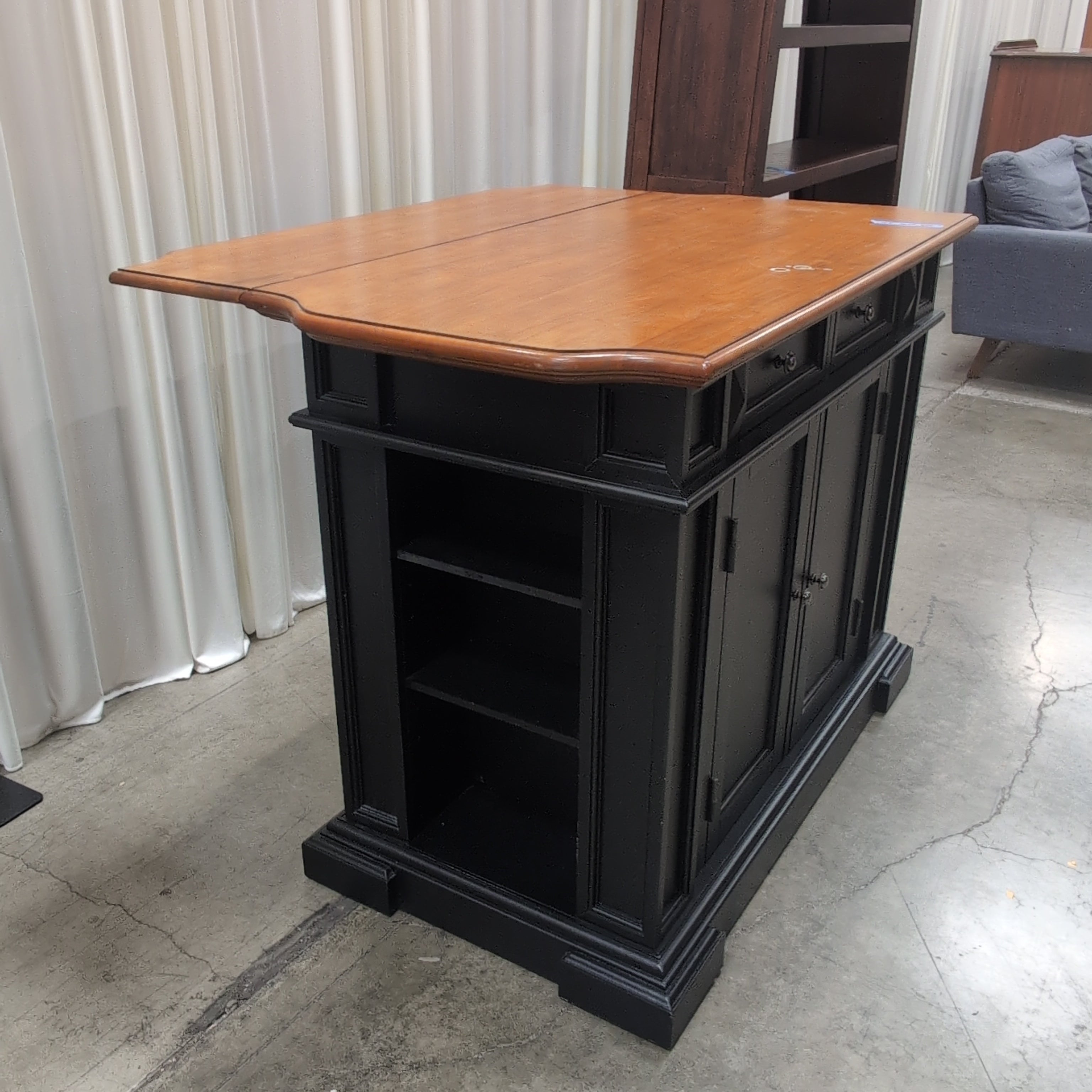 Black and Wood Kitchen Island with Drop-Leaf Top
