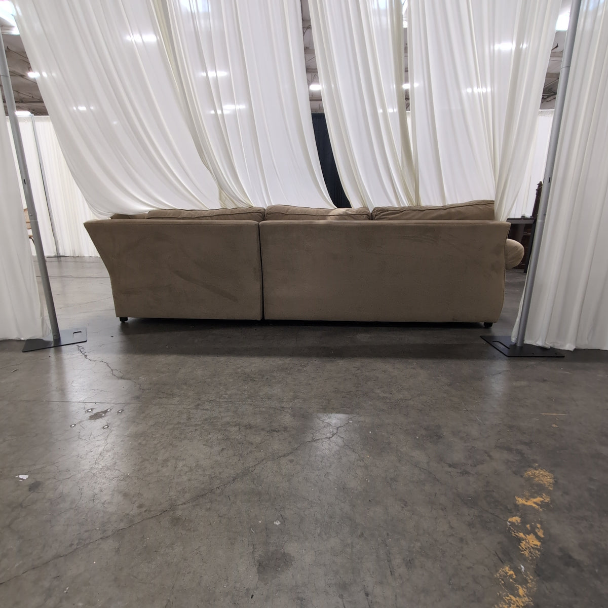 Tan L-Shaped Sectional Couch with Rolled Arms