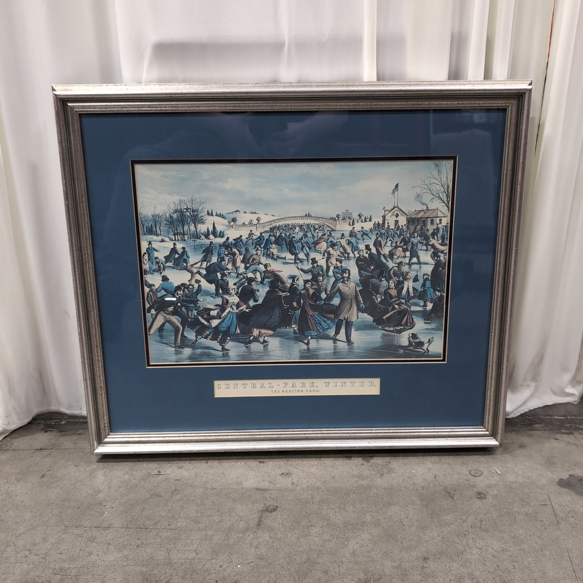 Vintage Style Central Park Winter Framed Print with Blue Matting