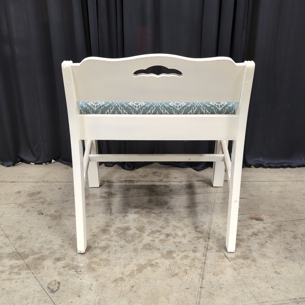 White Wood Vanity Bench with Patterned Upholstery