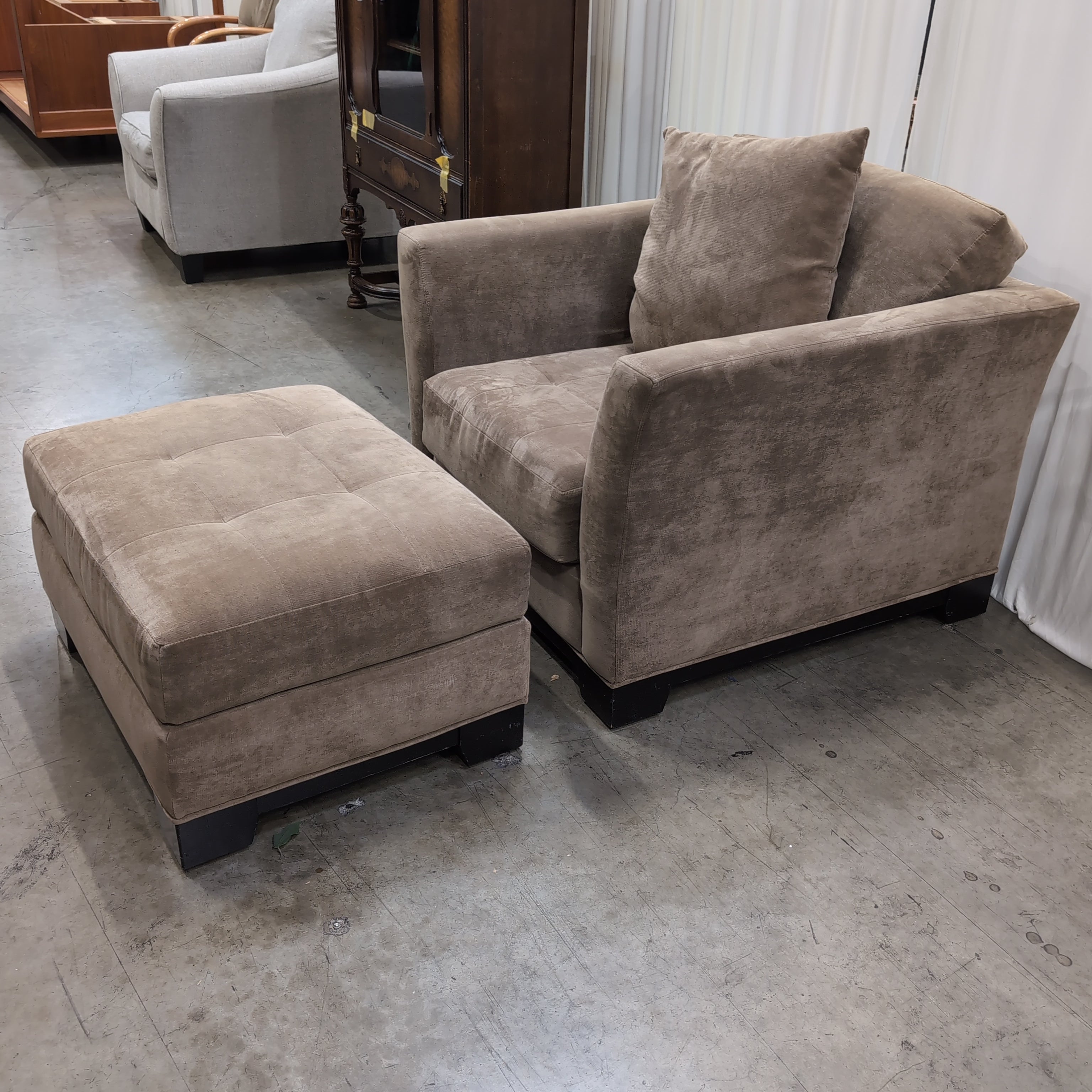 Plush Taupe Velvet Armchair with Matching Ottoman