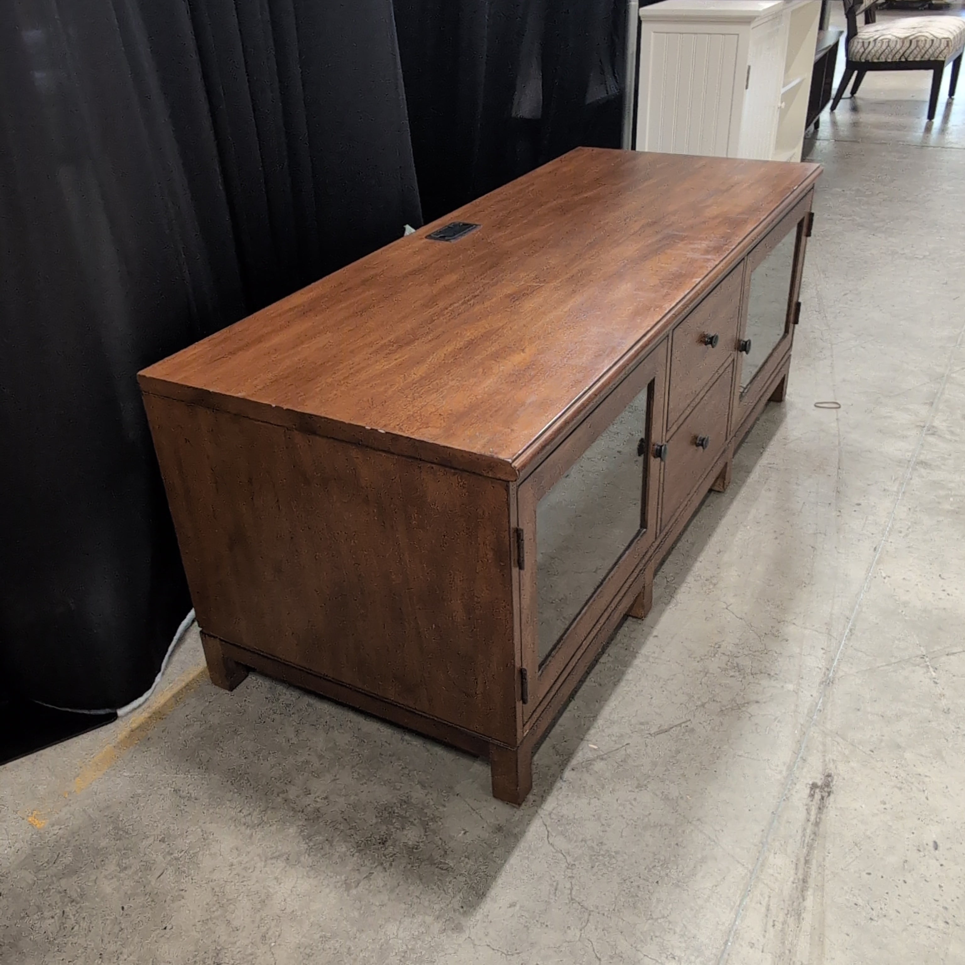 Medium Brown Hardwood TV Stand with Glass Doors
