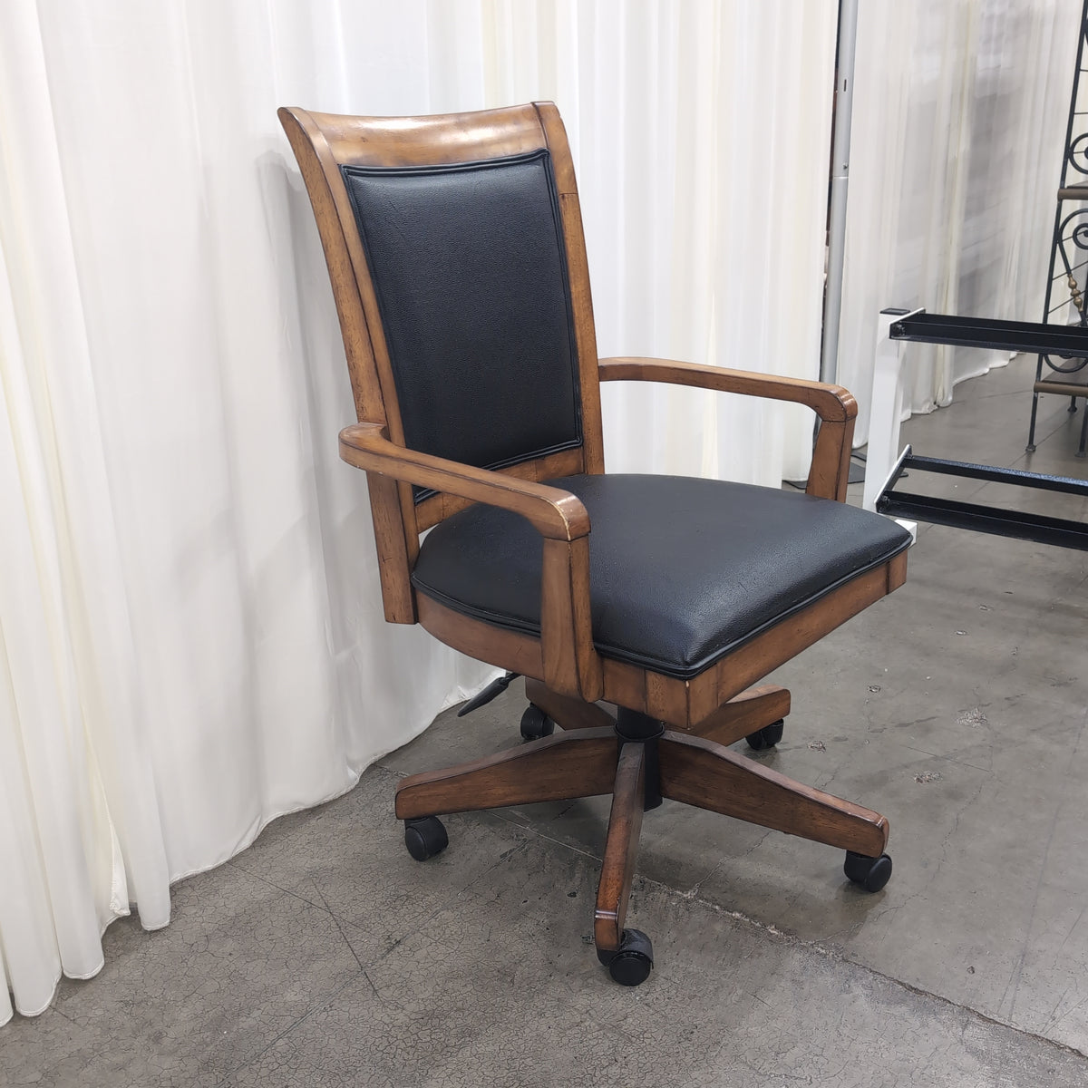 Mid-Century Style Wood Frame Armchair with Black Upholstery