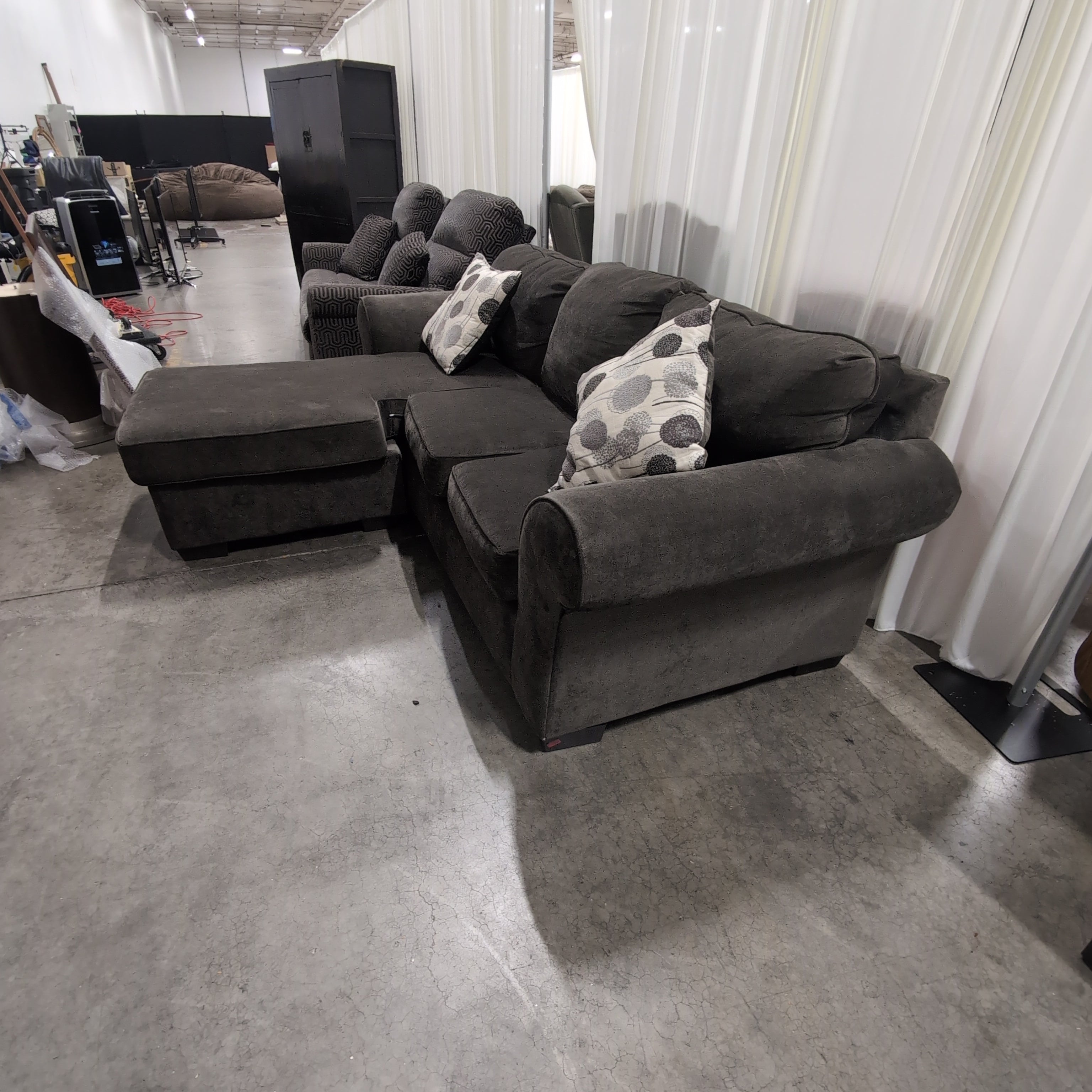 Dark Gray Upholstered Sectional Couch with Ottoman