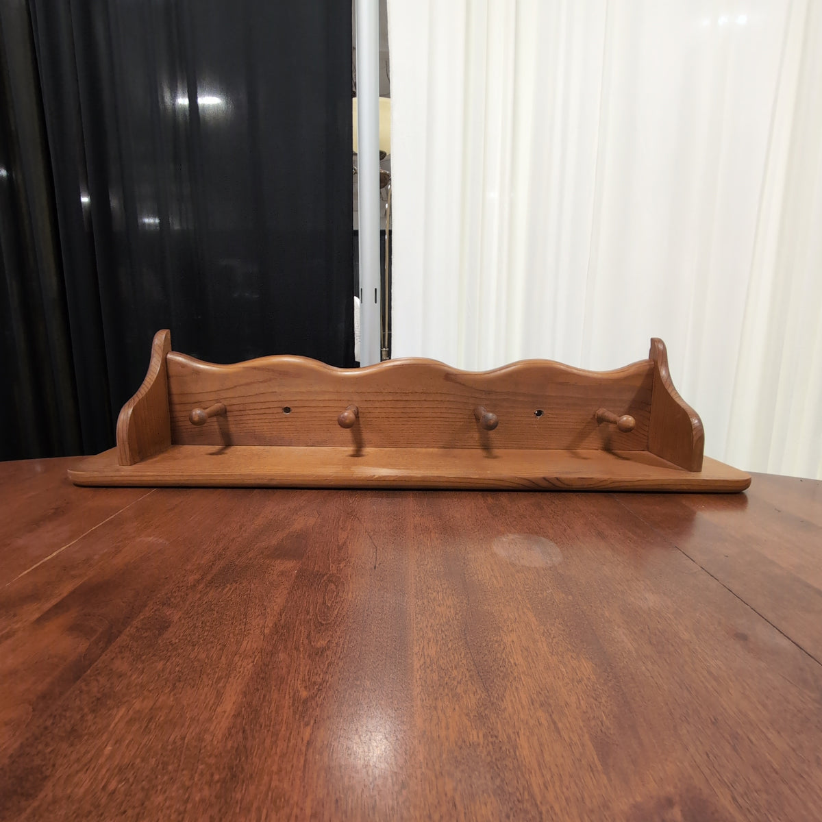Natural Wood Scalloped Wall Shelf with Four Pegs