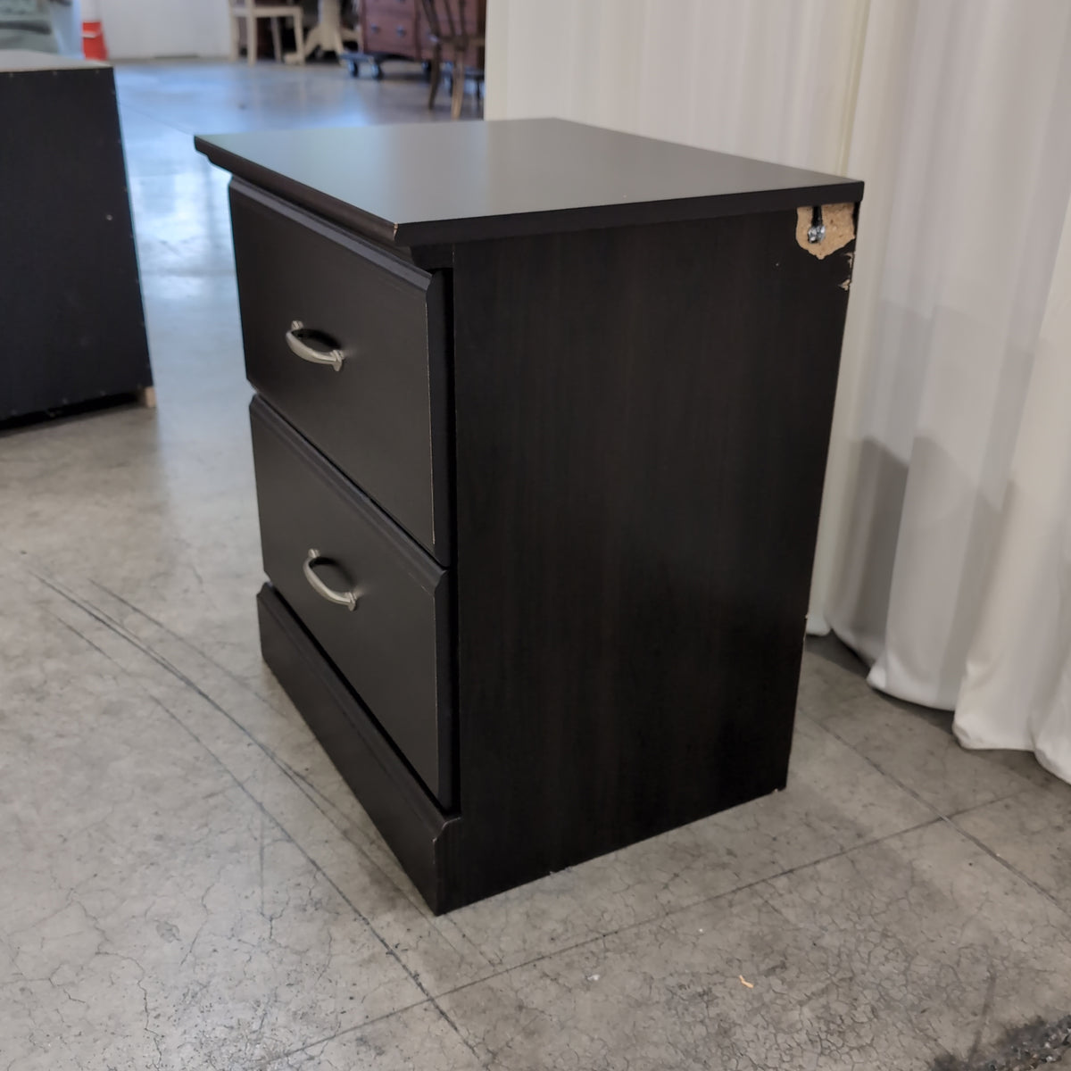 Dark Brown Two-Drawer Nightstand with Silver Pulls