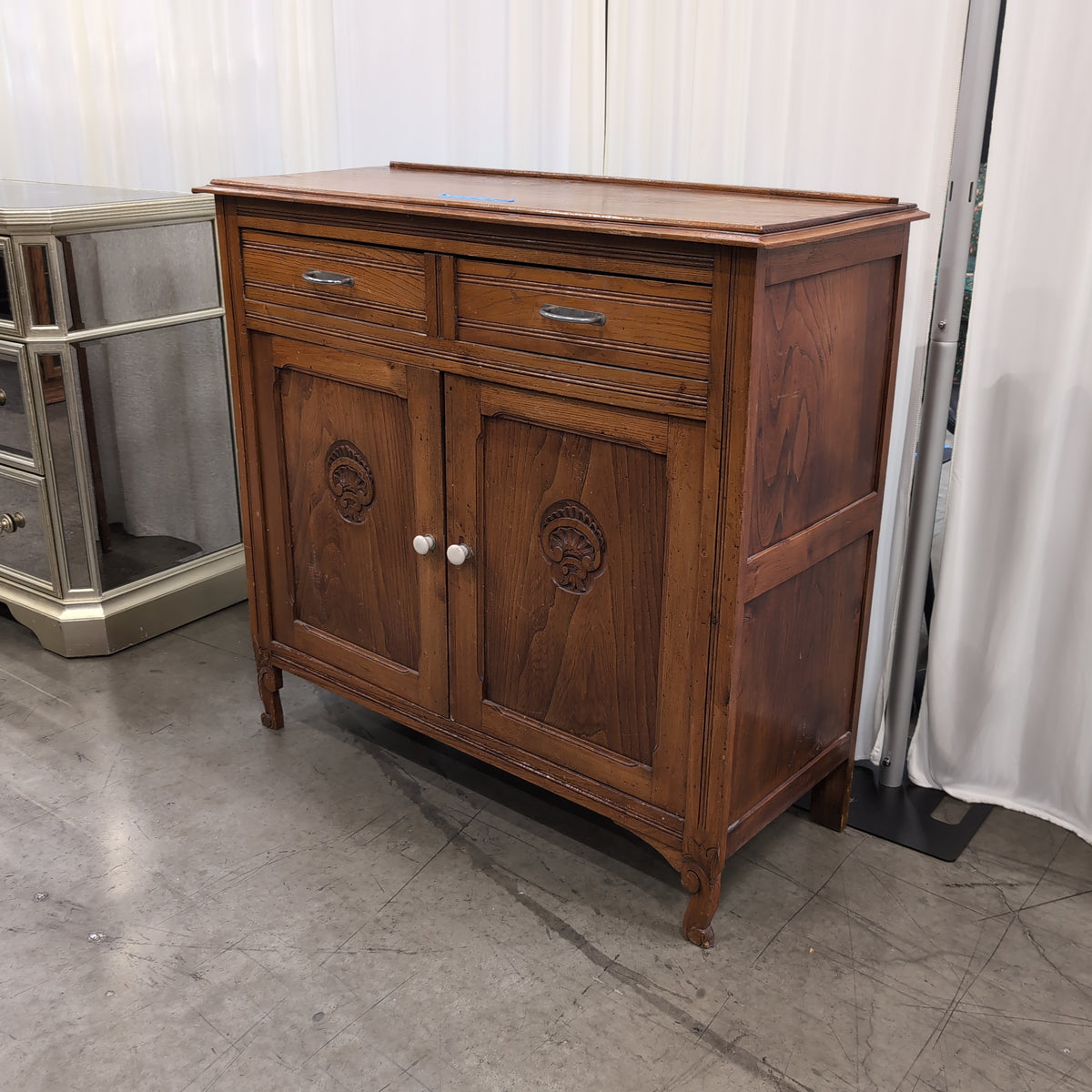 Carved Wood Two-Drawer Buffet with Cabinet Doors