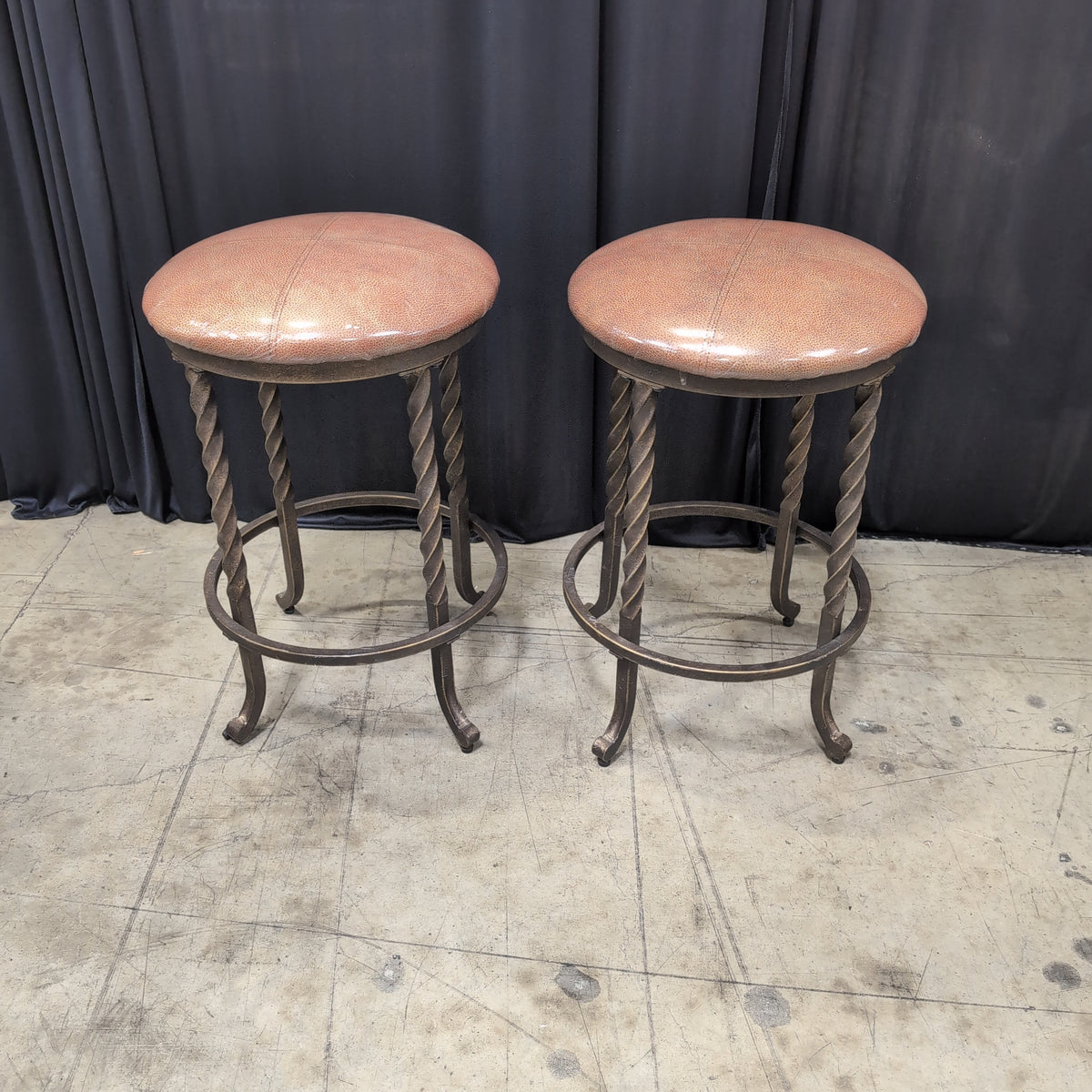 Pair of Rustic Tan Faux Leather Bar Stool with Twisted Metal Legs