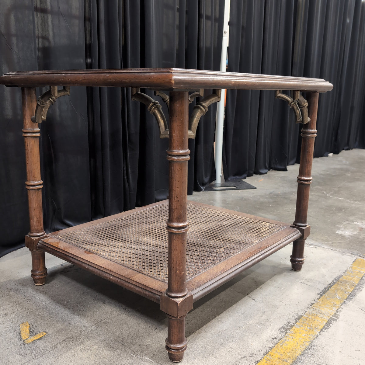 Chinoiserie Style Wood End Table with Cane Shelf