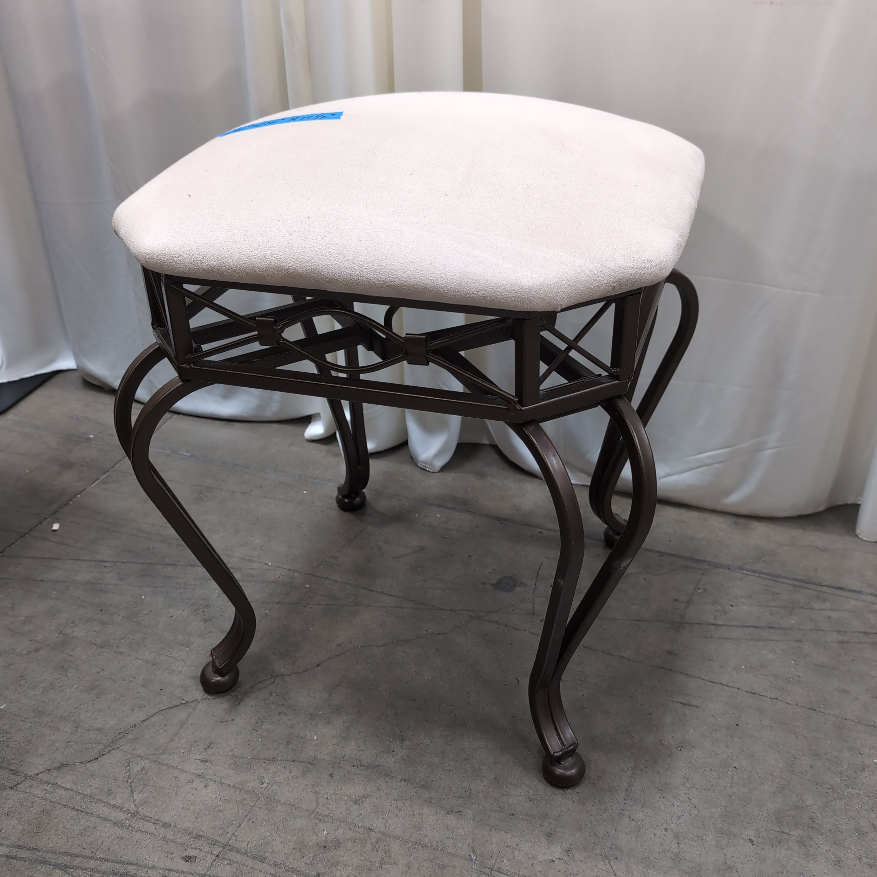 Dark Bronze Ornate Metal Vanity Stool with Cream Upholstery