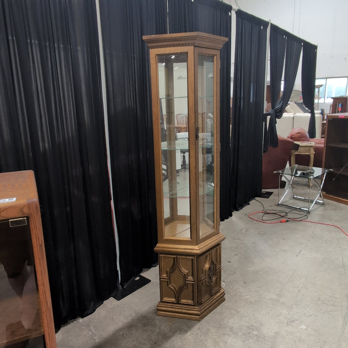 Ornate Light Wood China Cabinet with Glass Shelves