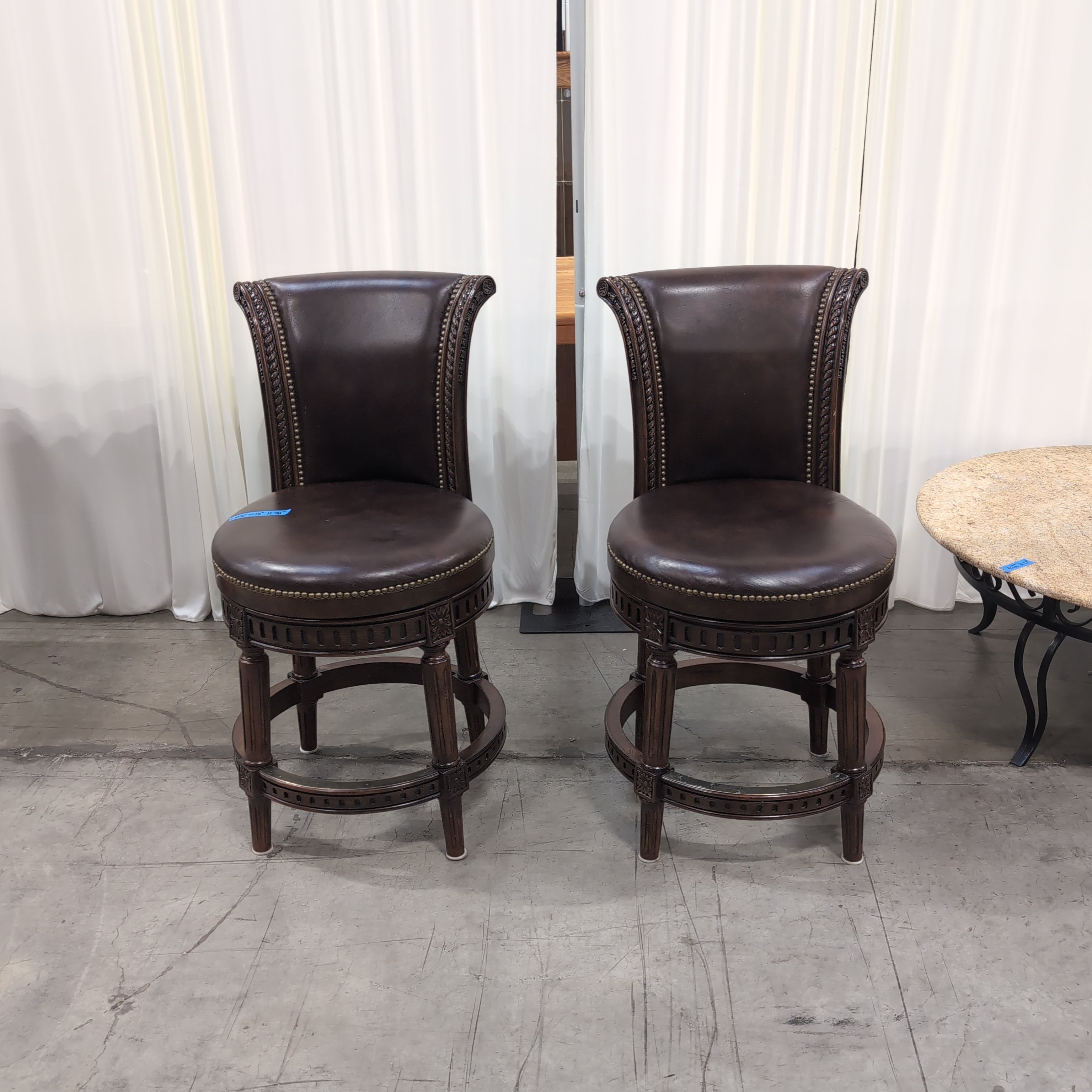Pair of Dark Brown Upholstered Swivel Bar Stool with Nailhead Trim