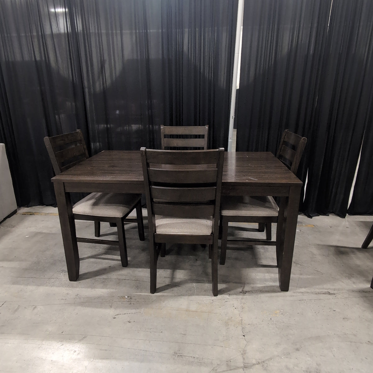 Dark Brown Hardwood Dining Table with Upholstered Seats