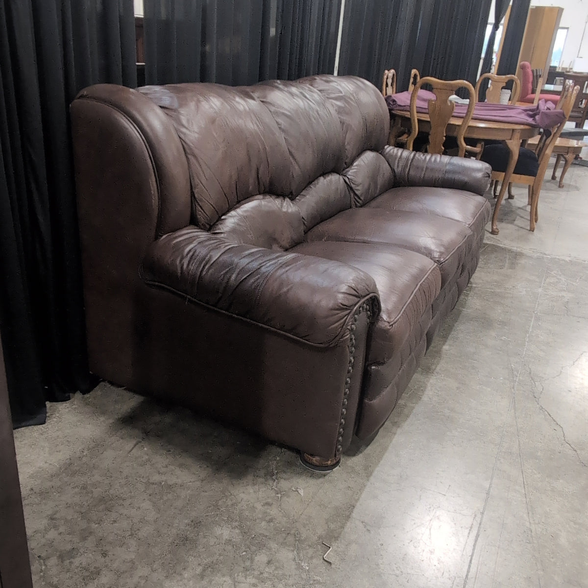 Dark Brown Leather Rolled Arm Couch with Nailhead Trim
