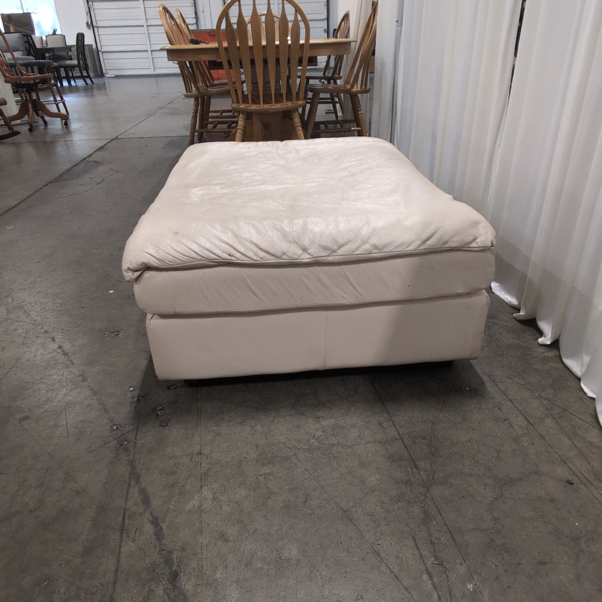 Off-White Faux Leather Ottoman with Top Stitching