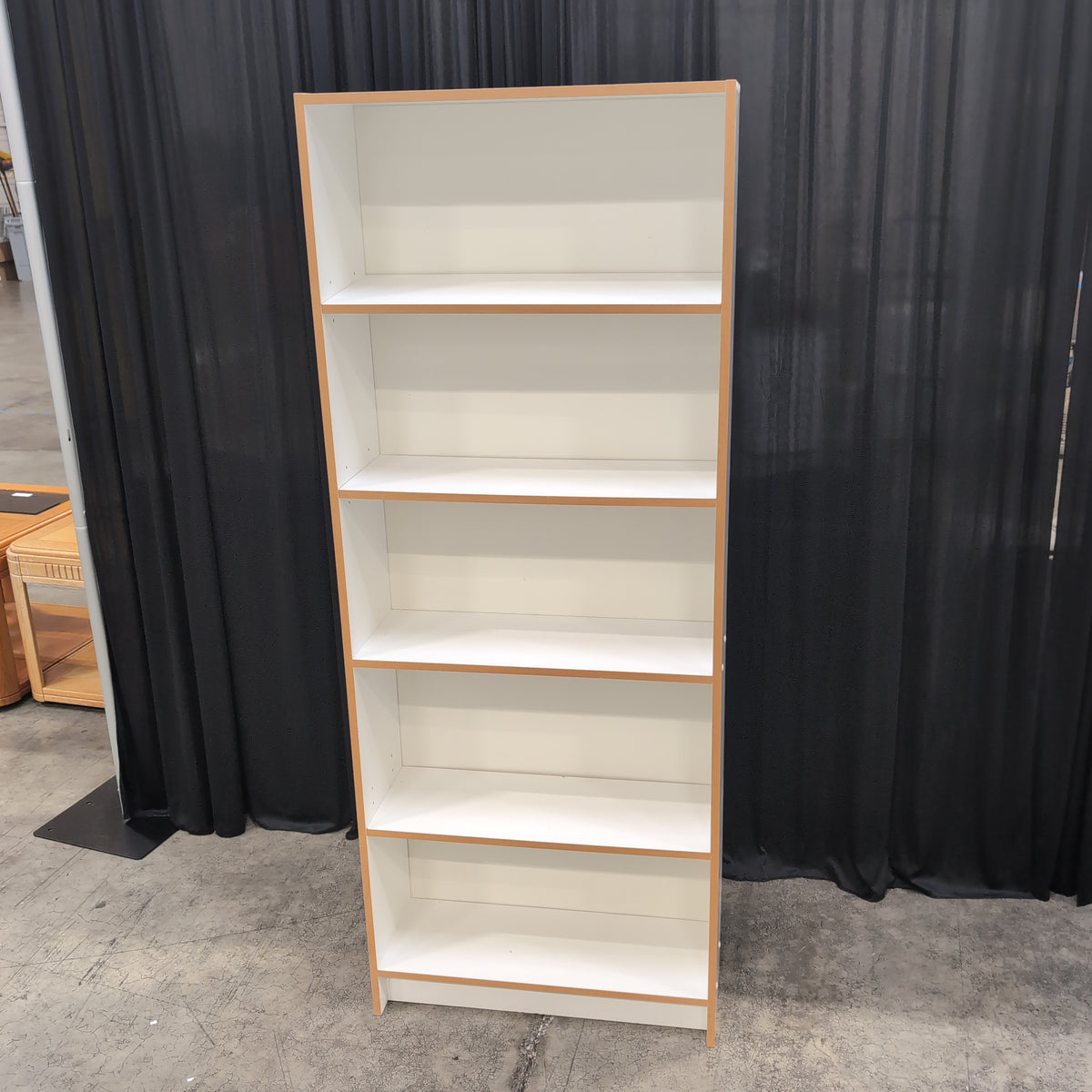 Five-Shelf White Bookcase with Wood-Look Trim