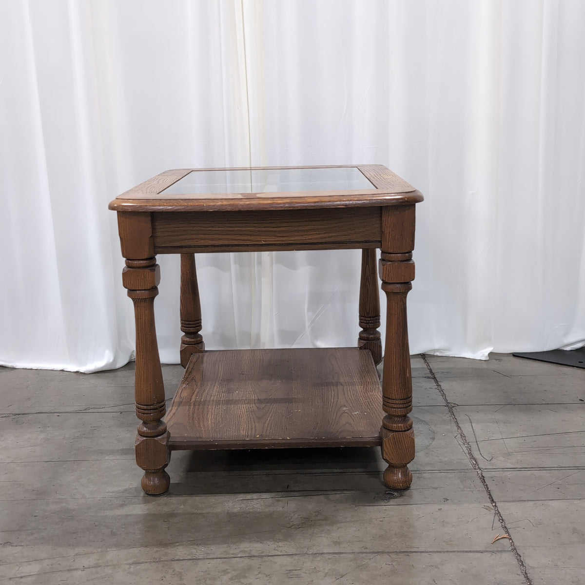 Medium Brown Wood End Table with Glass Top