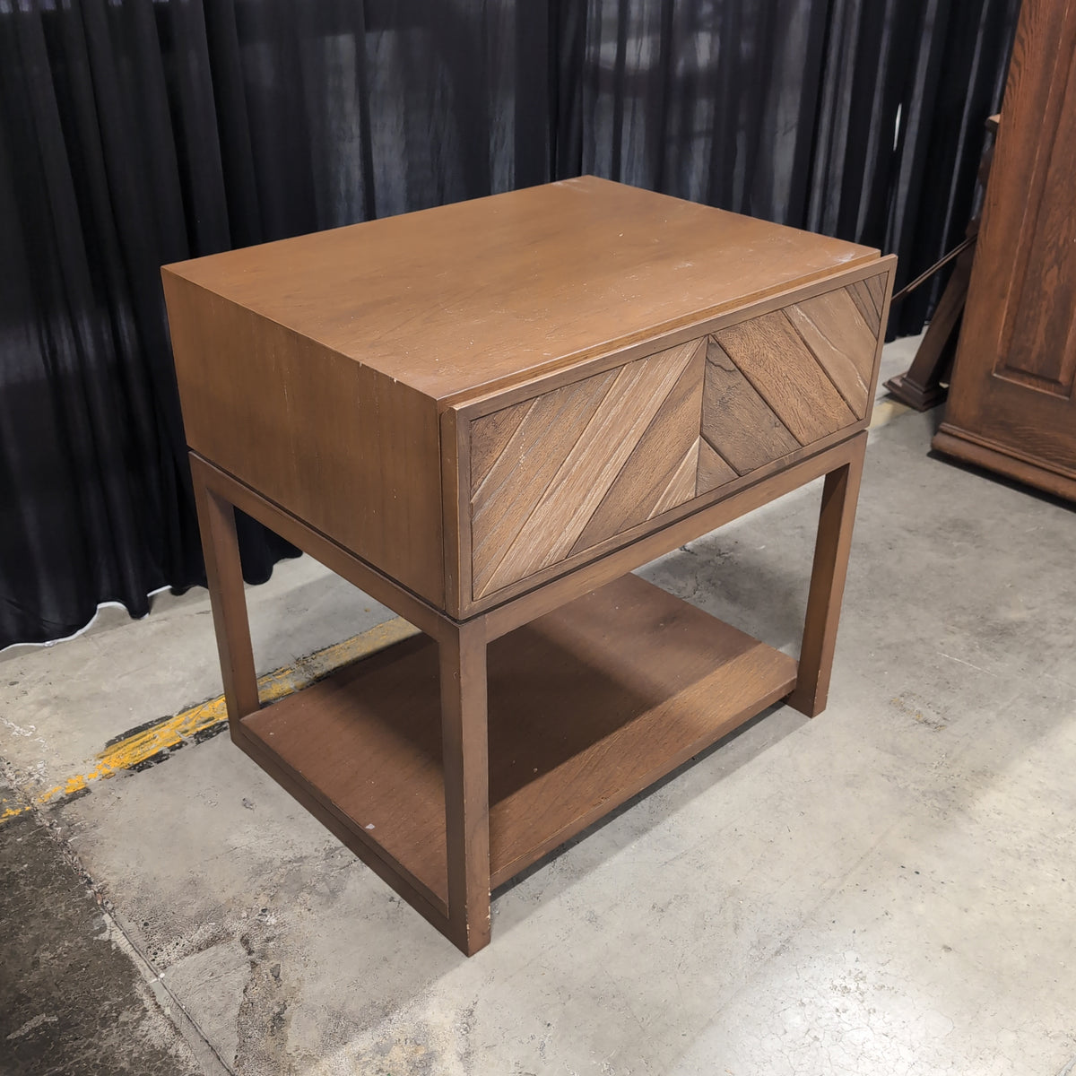 Crate & Barrel Warm Brown Wood Nightstand with Geometric Drawer