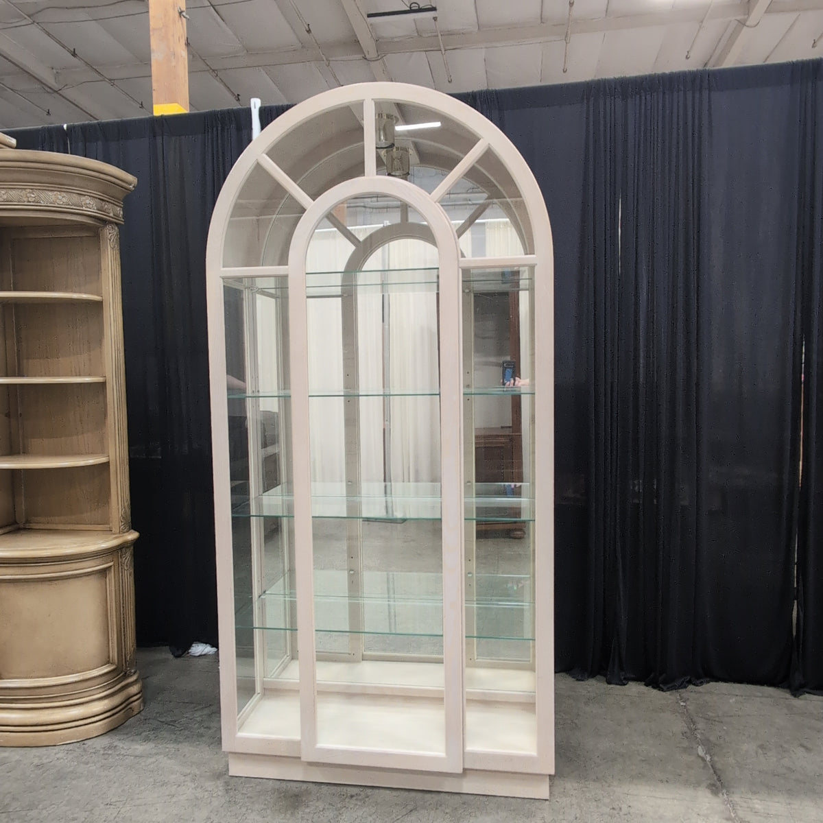 Light Wood Arched Top China Cabinet with Glass Shelves