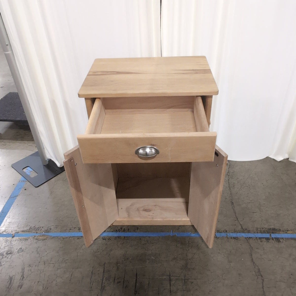 Natural Finish Wood Nightstand with Cabinet Doors