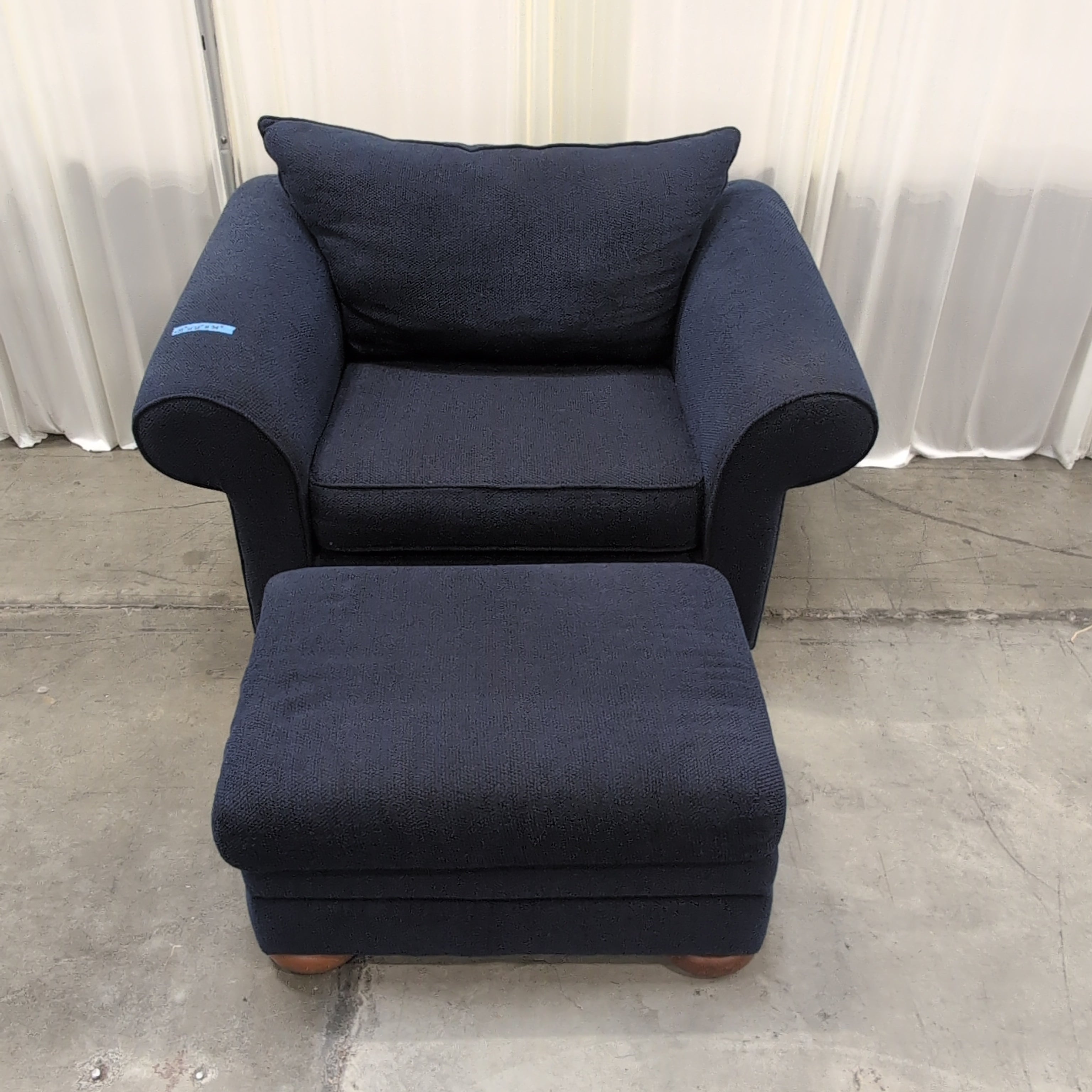Navy Fabric Rolled Arm Chair with Matching Ottoman