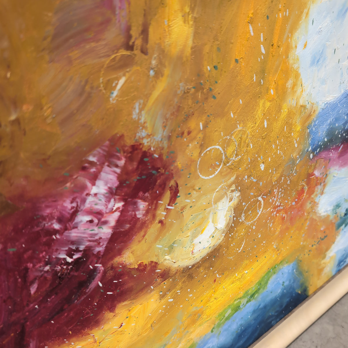 Vibrant Abstract Multi-Color Painting in Light Wood Frame