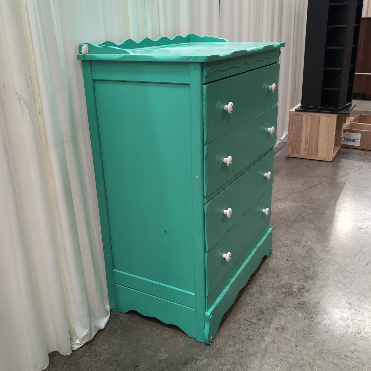 Teal Painted Wood Dresser with Scalloped Top
