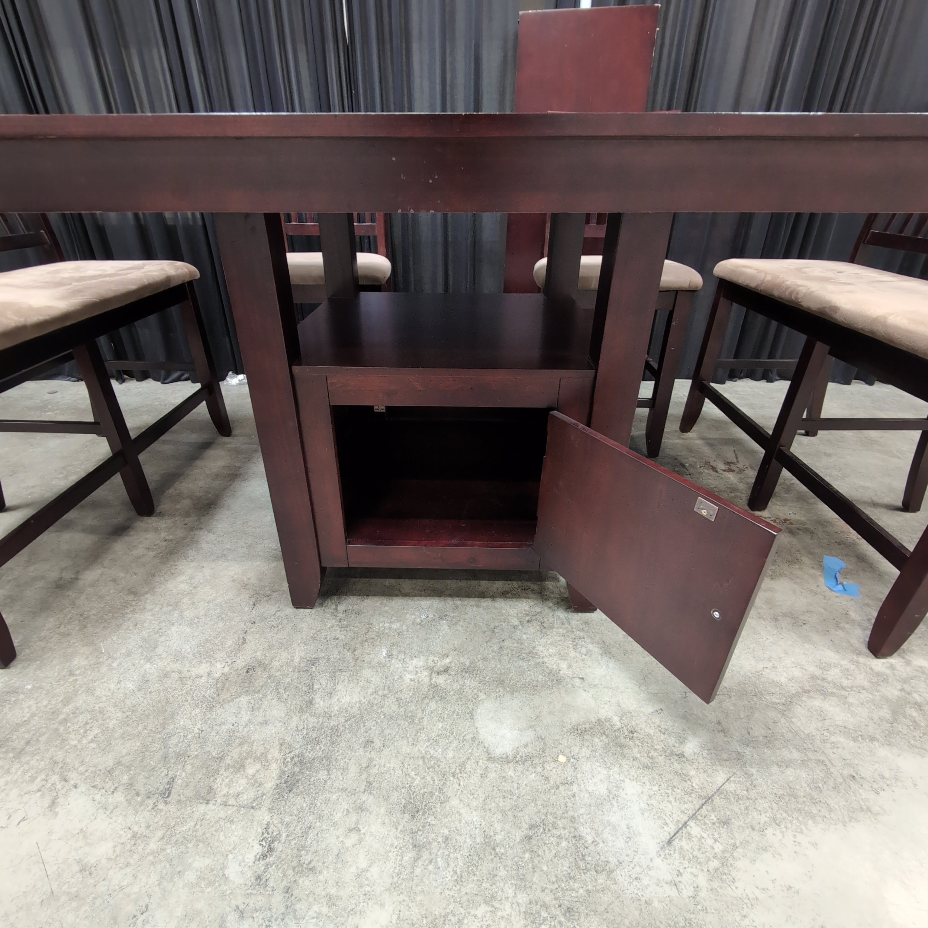 Dark Brown Counter-Height Dining Table with Storage Base and Four Chairs