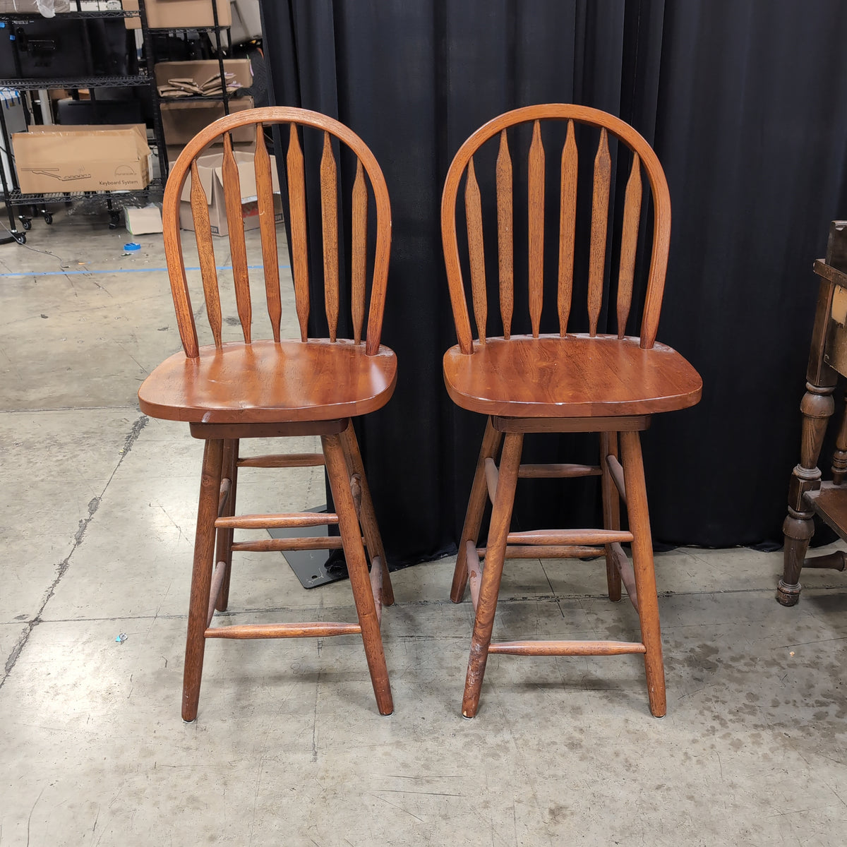 Pair of Warm Brown Wood Bar Stools with Spindle Backs