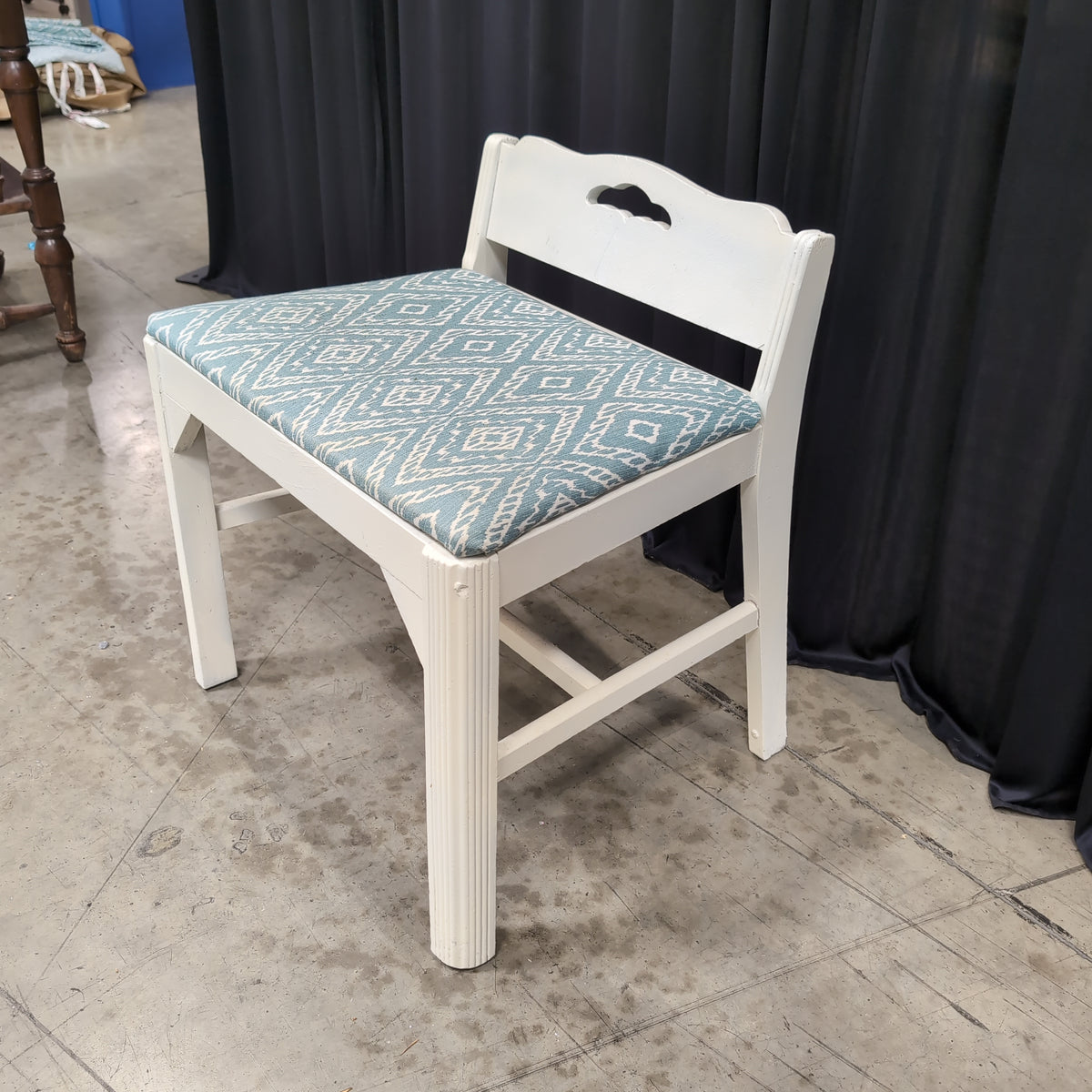 White Wood Vanity Bench with Patterned Upholstery