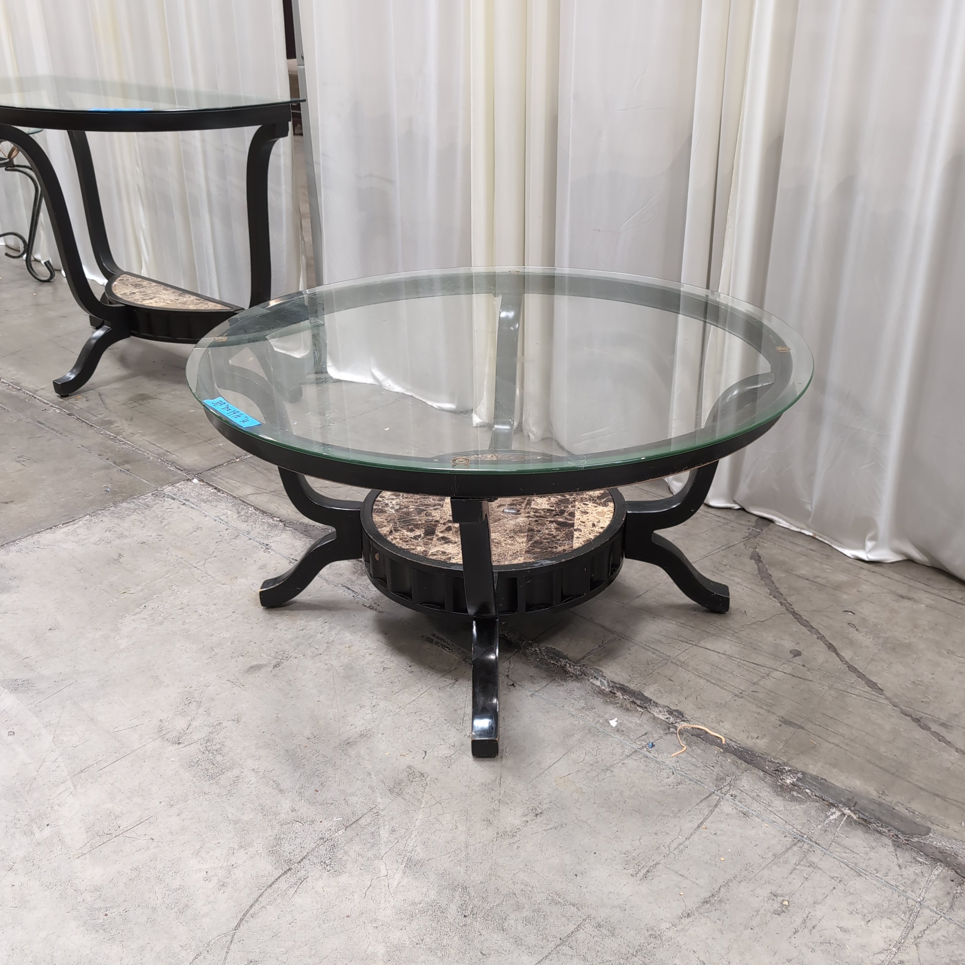 Black Metal Oval Coffee Table in Glass and Faux Marble