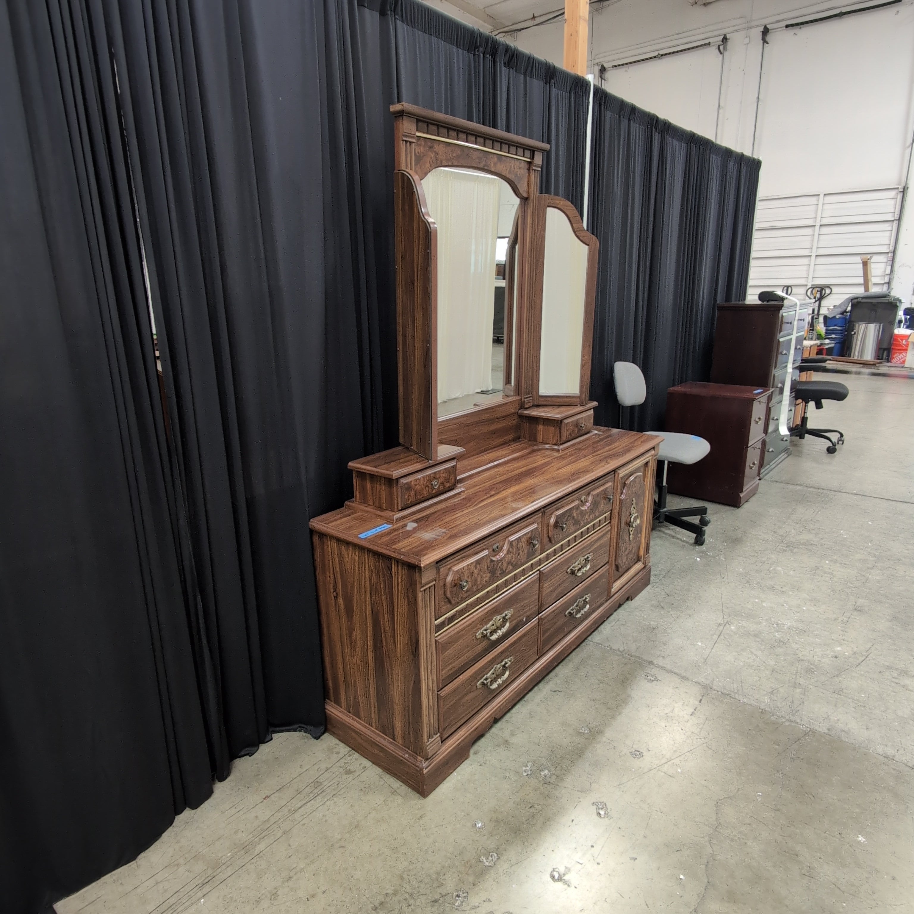 Traditional Dark Wood Dresser with Triple Mirror