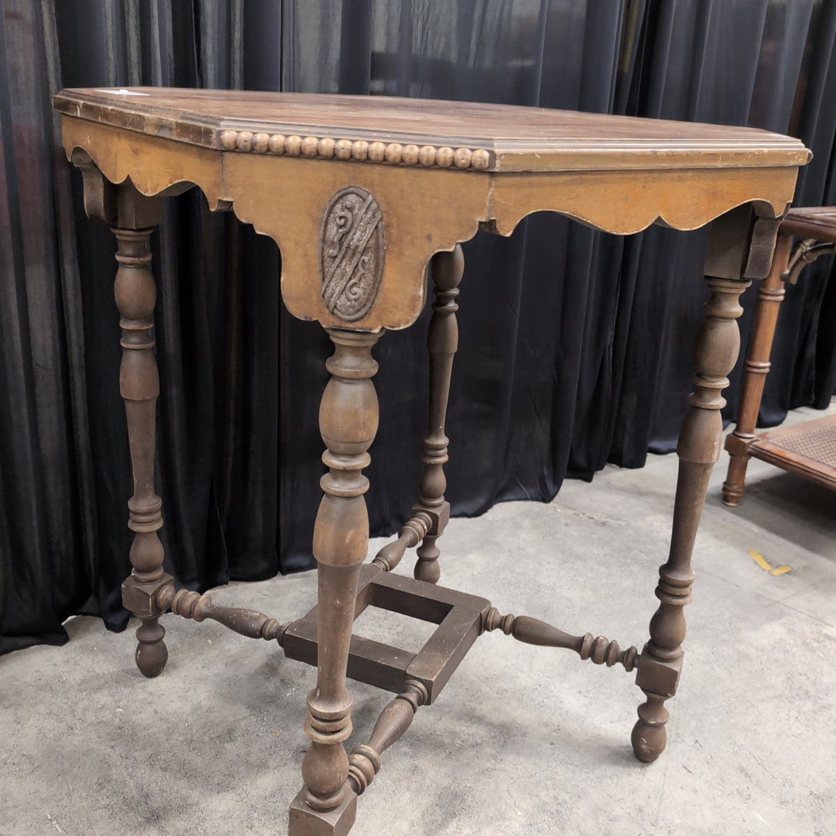 Carved Wood Hexagonal End Table with Turned Legs