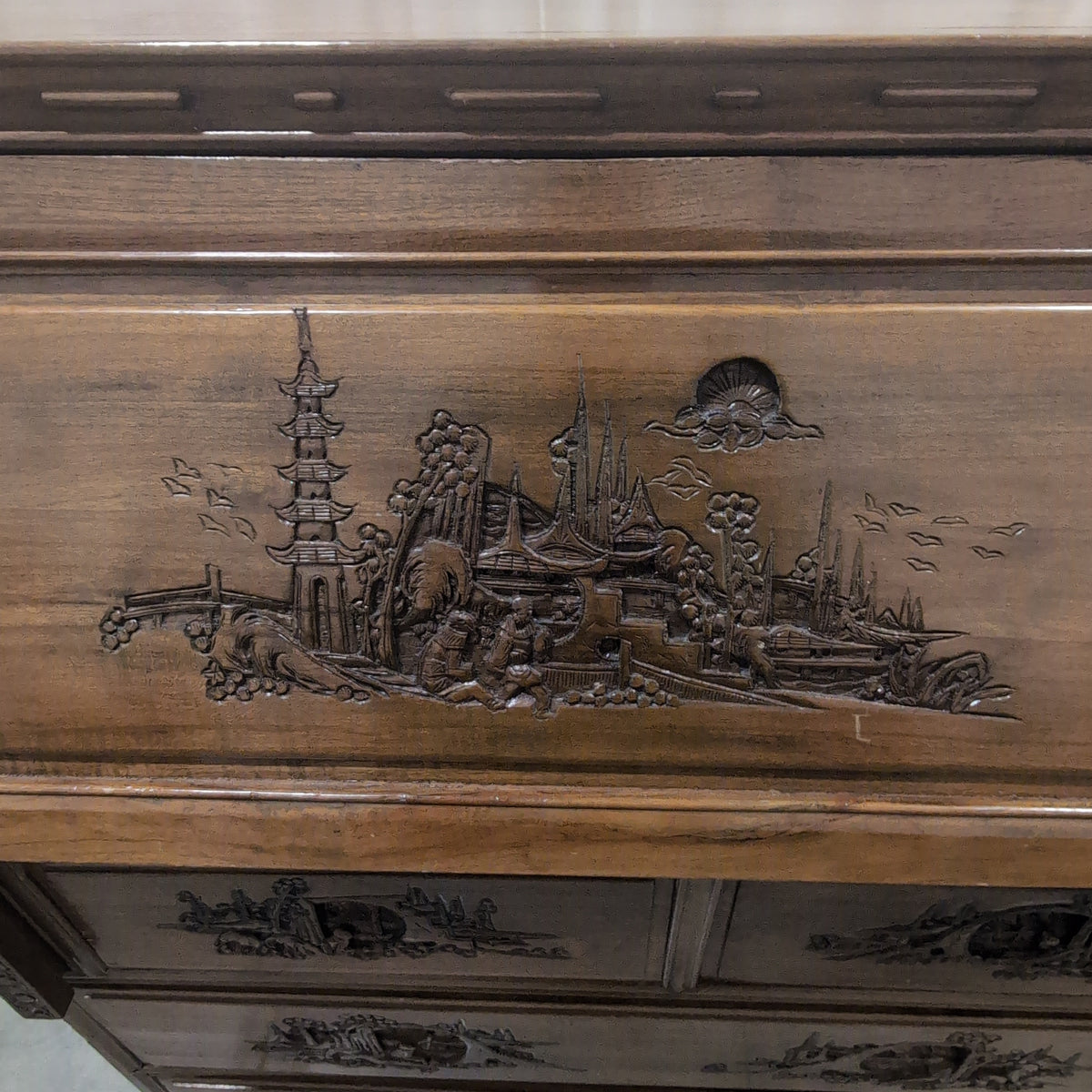 Carved Asian-Inspired Drop-Front Wood Desk
