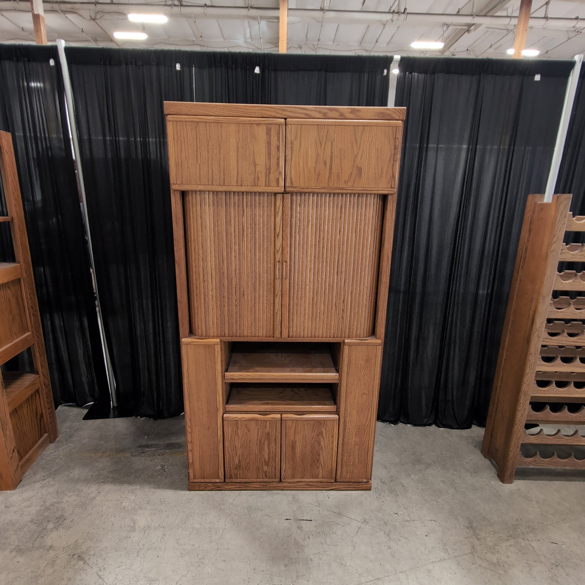 Oak Finish Tall Storage TV Stand with Slatted Doors