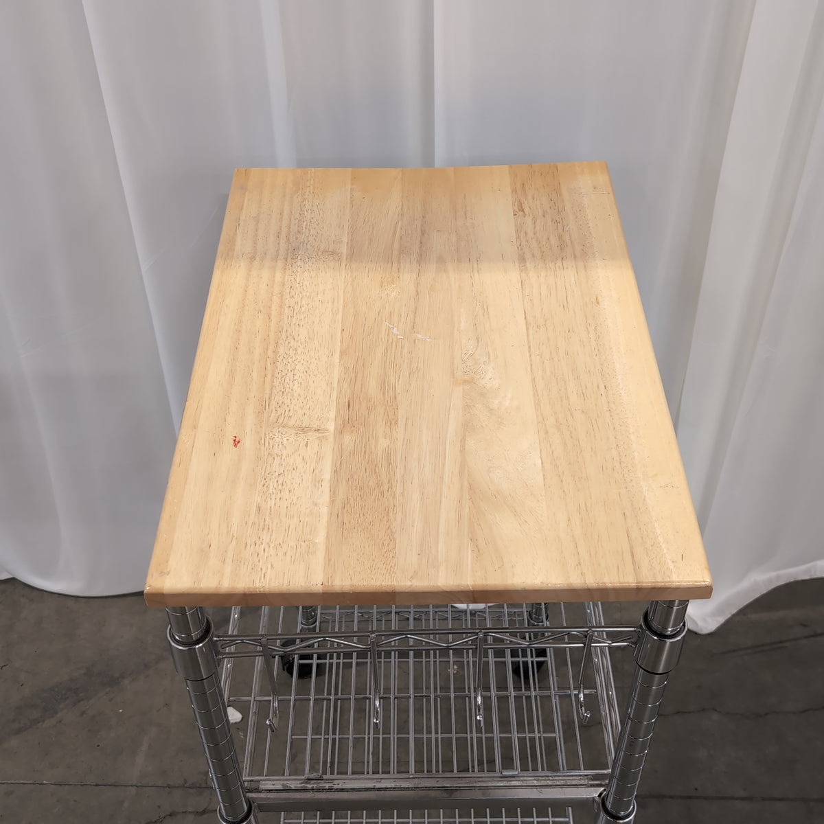 Silver Chrome Rolling Three-Tier Cart with Wood Top
