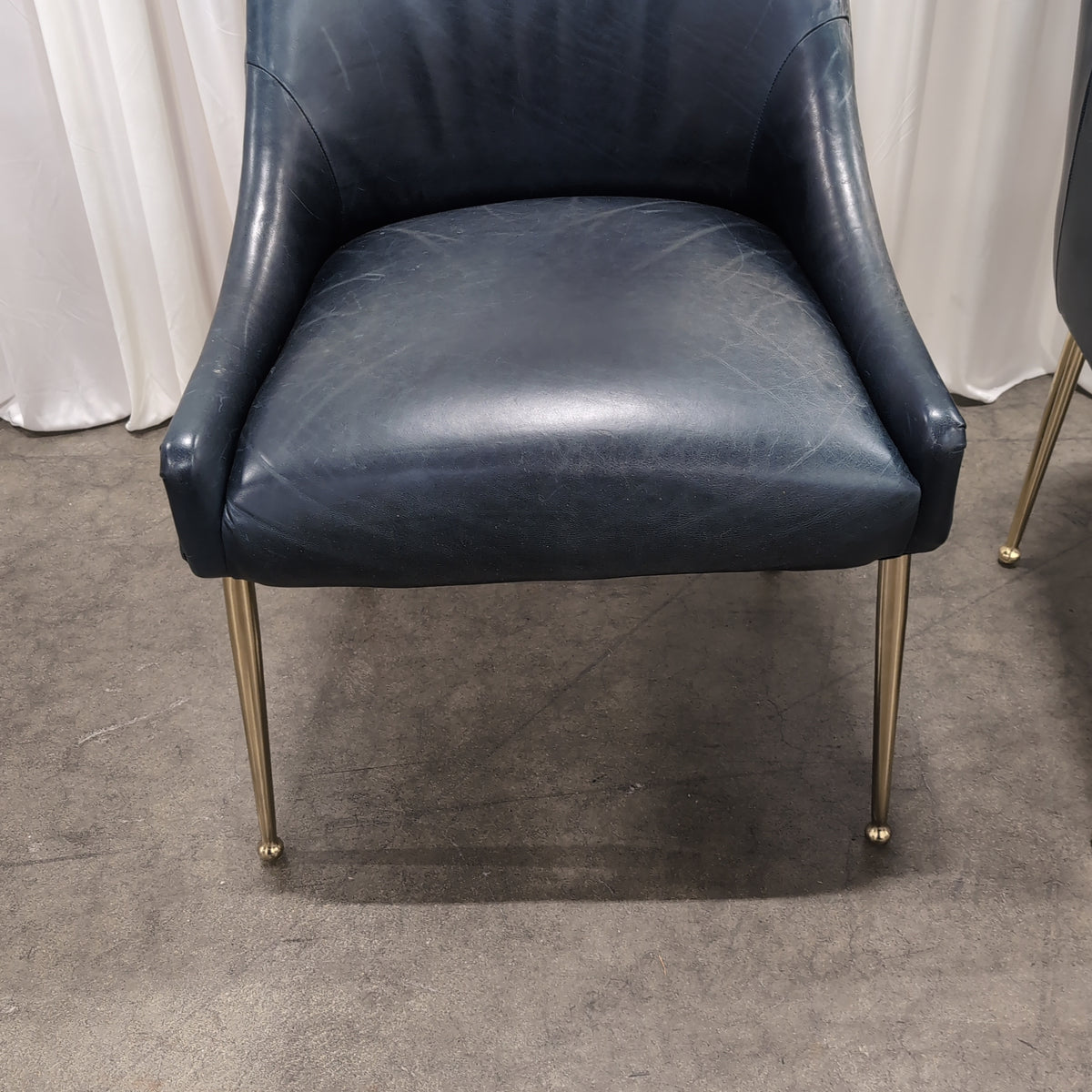 Set of Four Antropologie Dark Blue Upholstered Dining Chair with Gold Legs